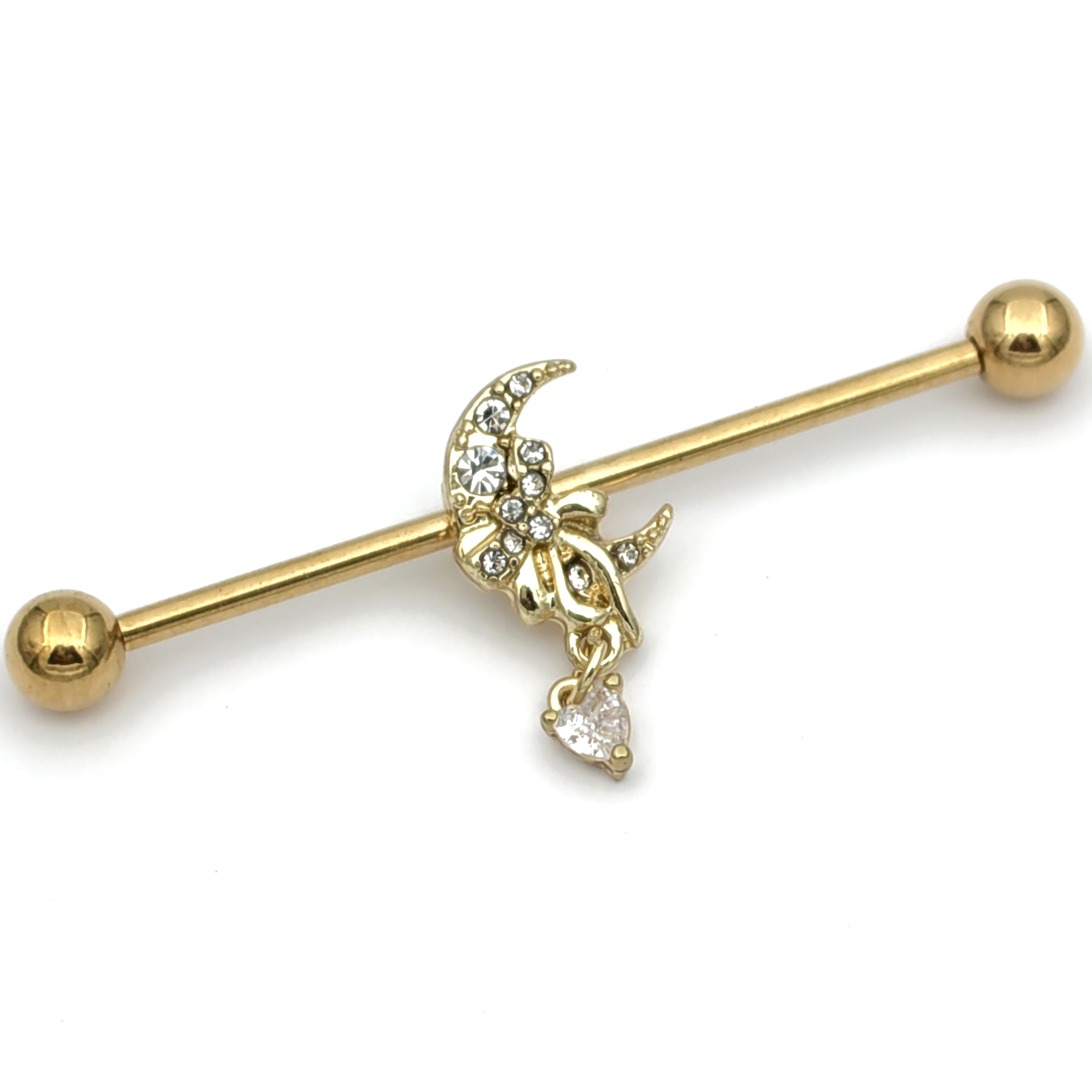 14 Gauge Clear CZ Gem Gold Tone Moon Bow Heart Industrial Barbell 38mm