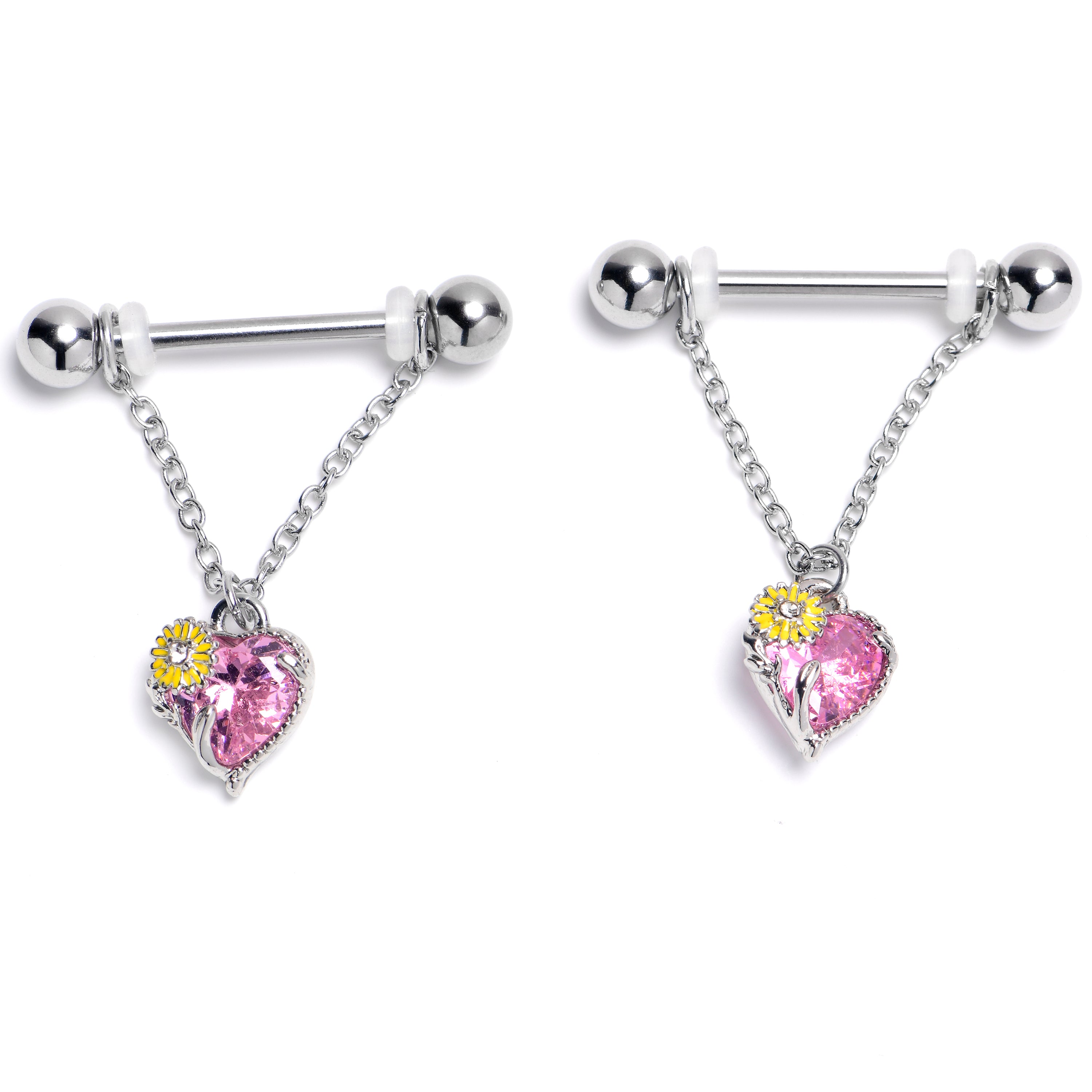 14 Gauge 9/16 Pink CZ Gem Sunflower Heart Love Dangle Nipple Ring Set