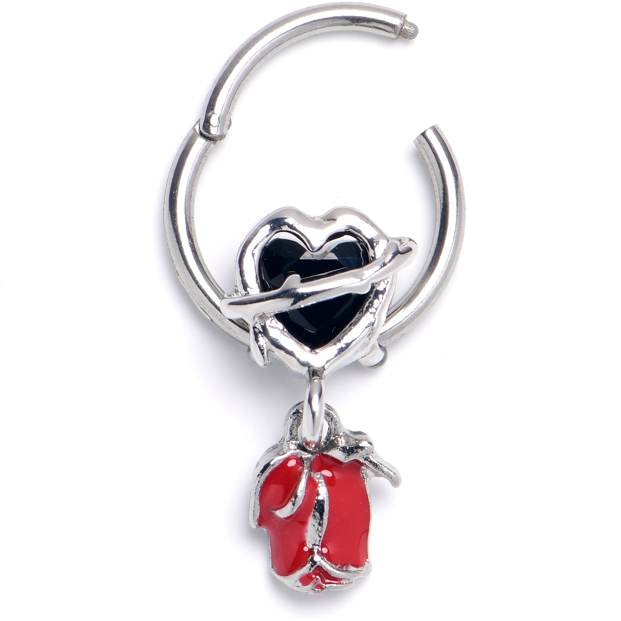 16 Gauge 3/8 Barbed Heart Dangle Hinged Segment Ring