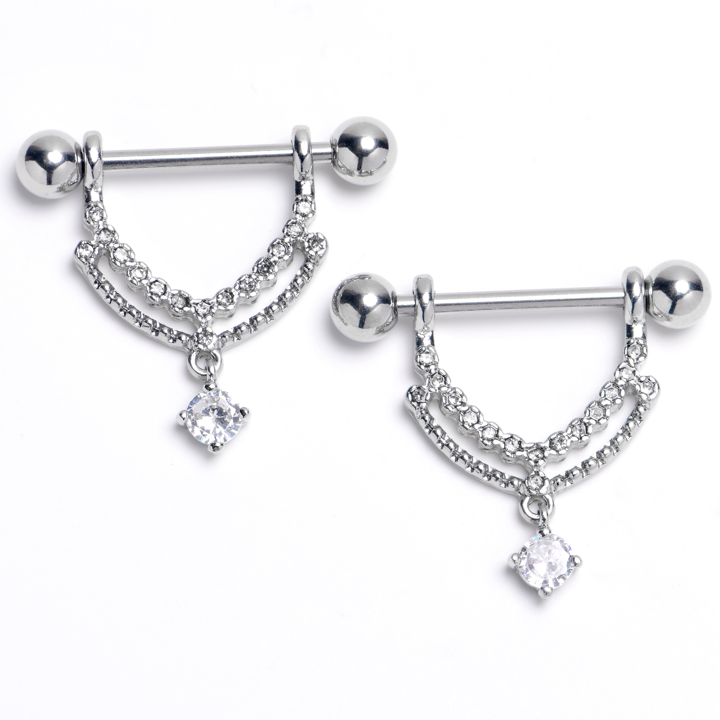 14 Gauge 9/16 Clear CZ Gem Double Curves Dangle Nipple Ring Set