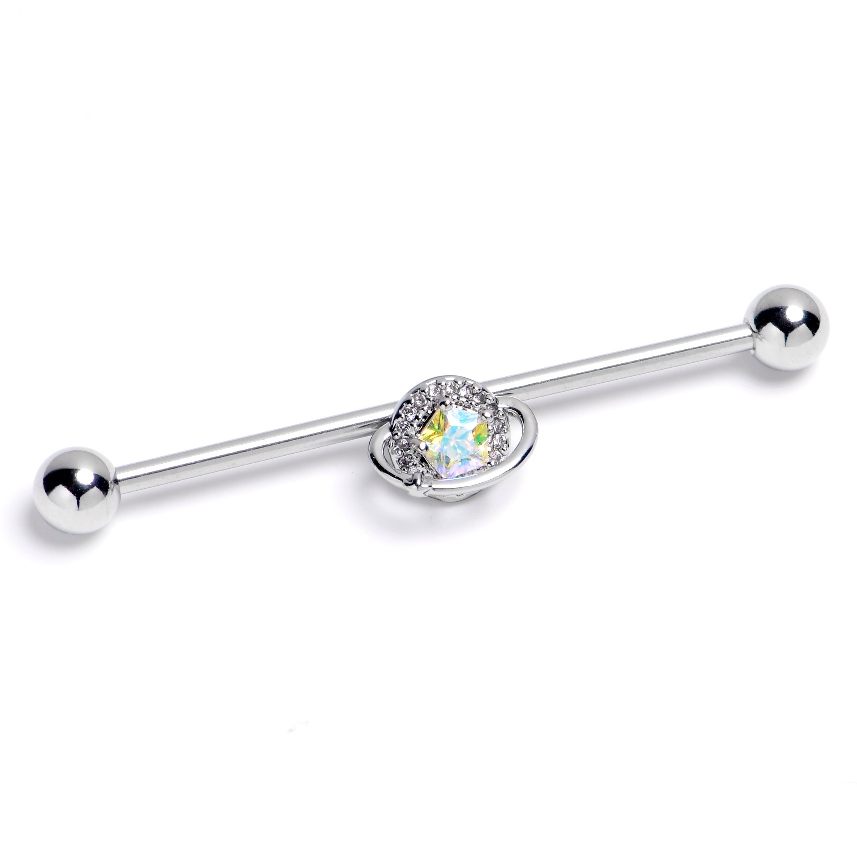 14 Gauge Aurora Gem Textured Saturn Industrial Barbell 38mm