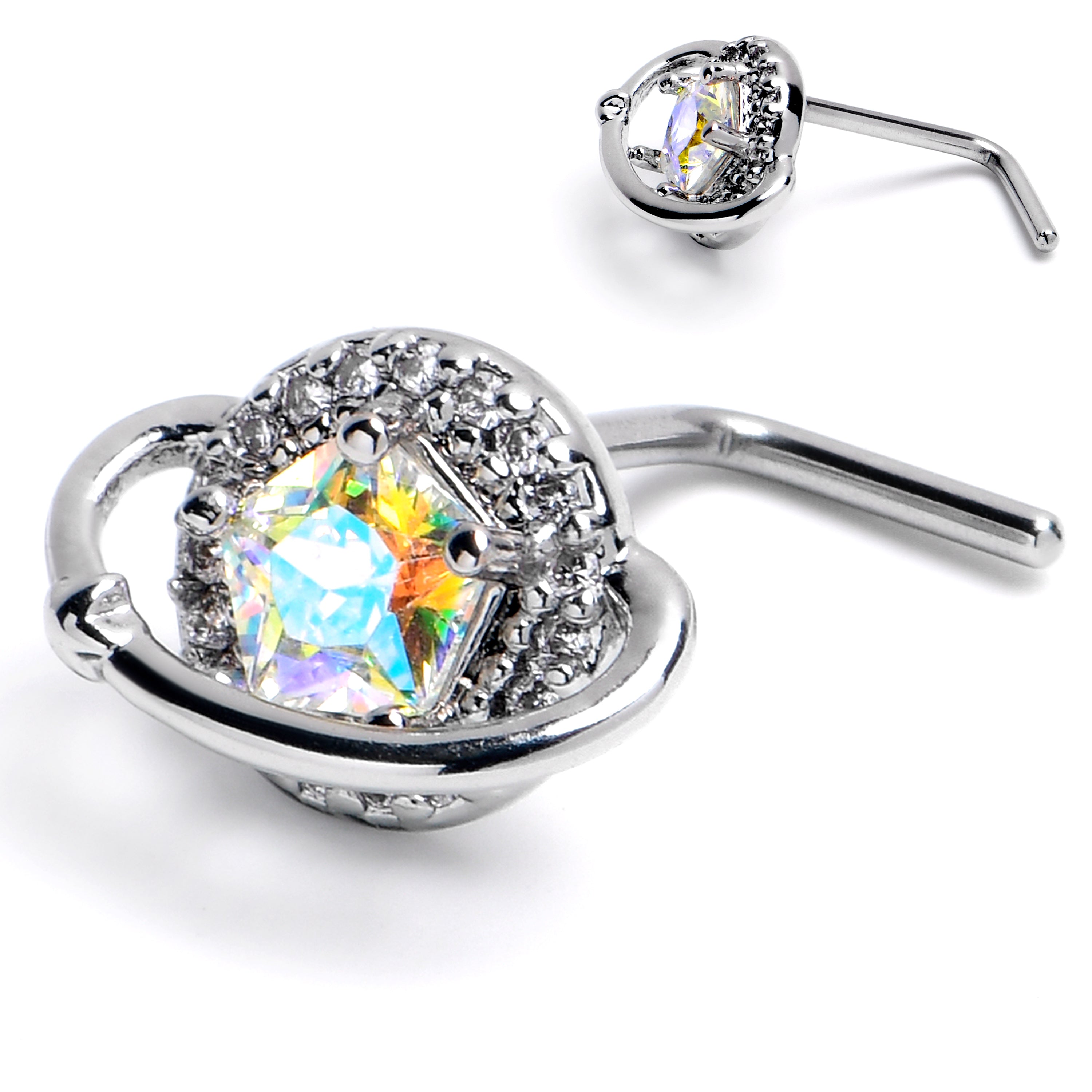 20 Gauge 1/4 Aurora CZ Gem Textured Saturn L Shape Nose Ring