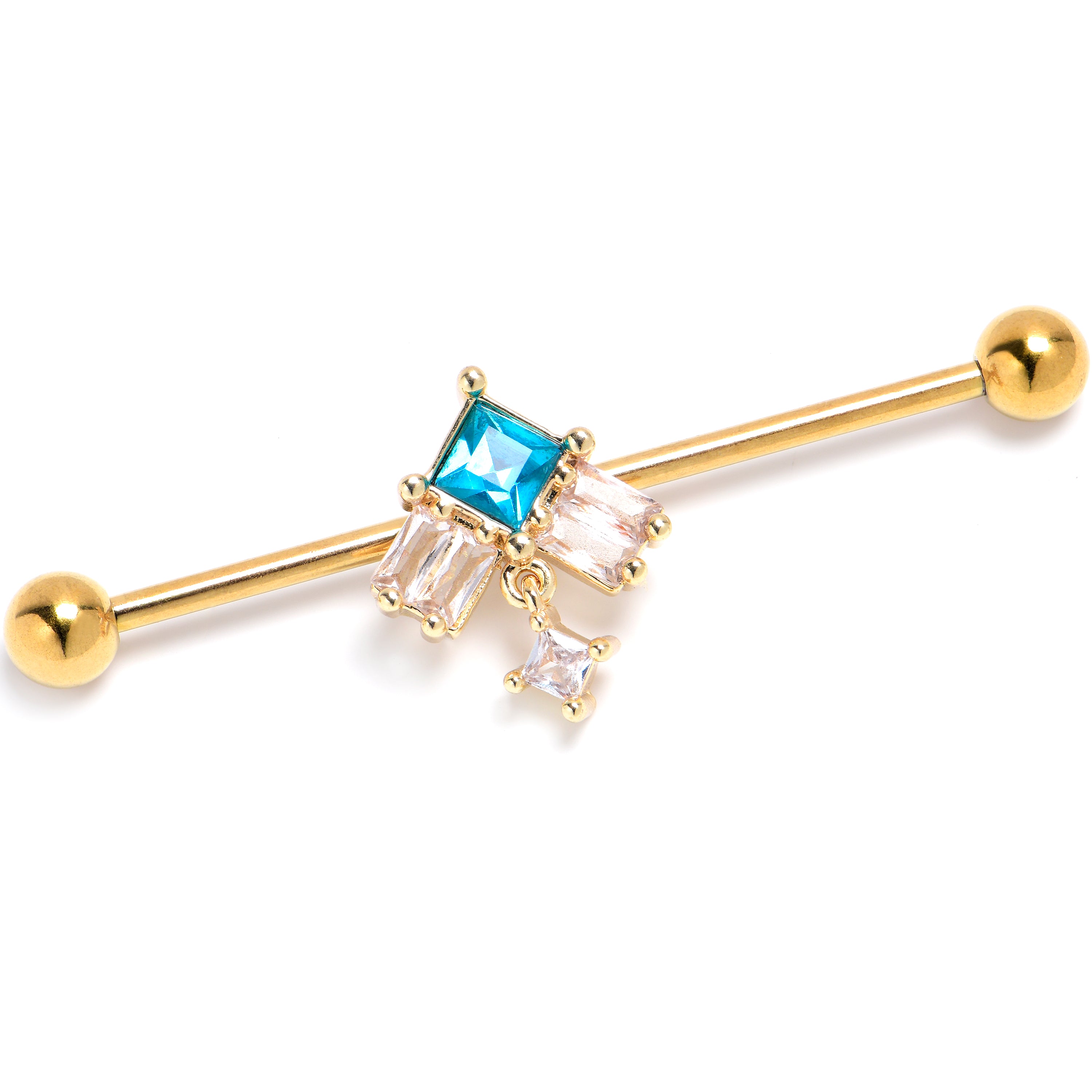 14 Gauge Blue CZ Gem Gold Tone Rhombus Riot Industrial Barbell 38mm