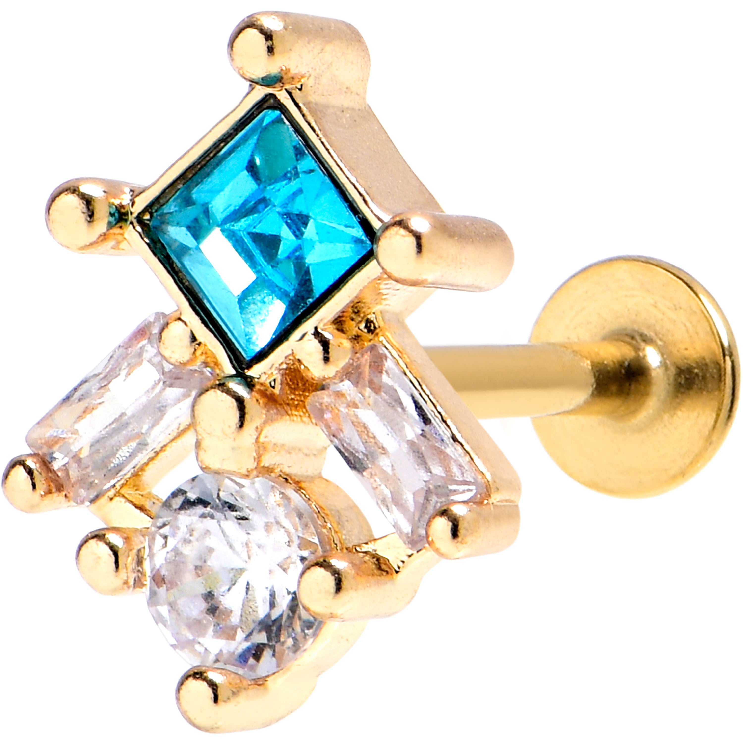 16 Gauge 5/16 Blue CZ Gem Gold Tone Rhombus Riot Labret Monroe Tragus