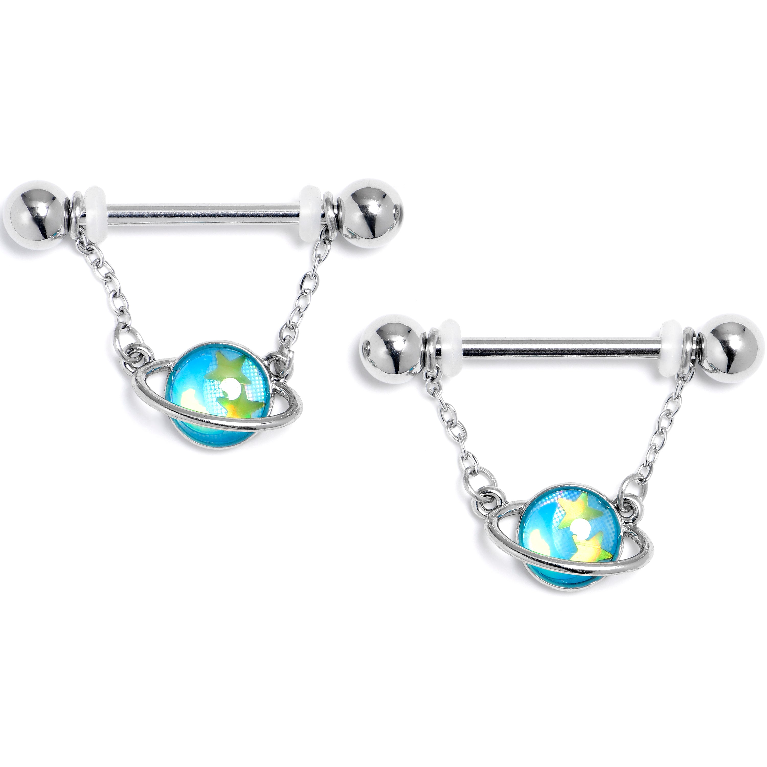 14 Gauge 3/4 Saturn Star Blue Chain Dangle Nipple Ring Set