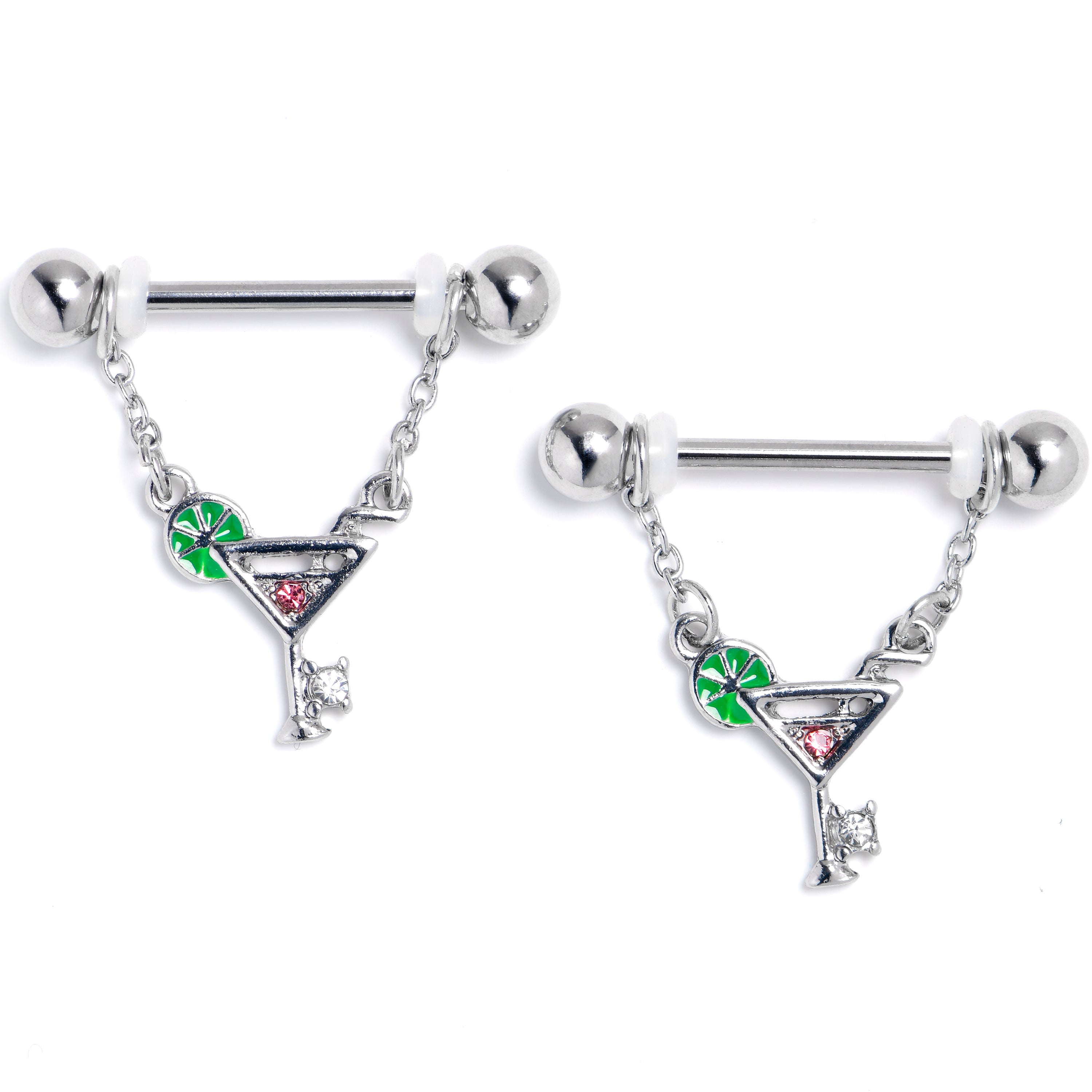 14 Gauge 9/16 Pink Clear Gem Cocktail Hour Dangle Nipple Ring Set