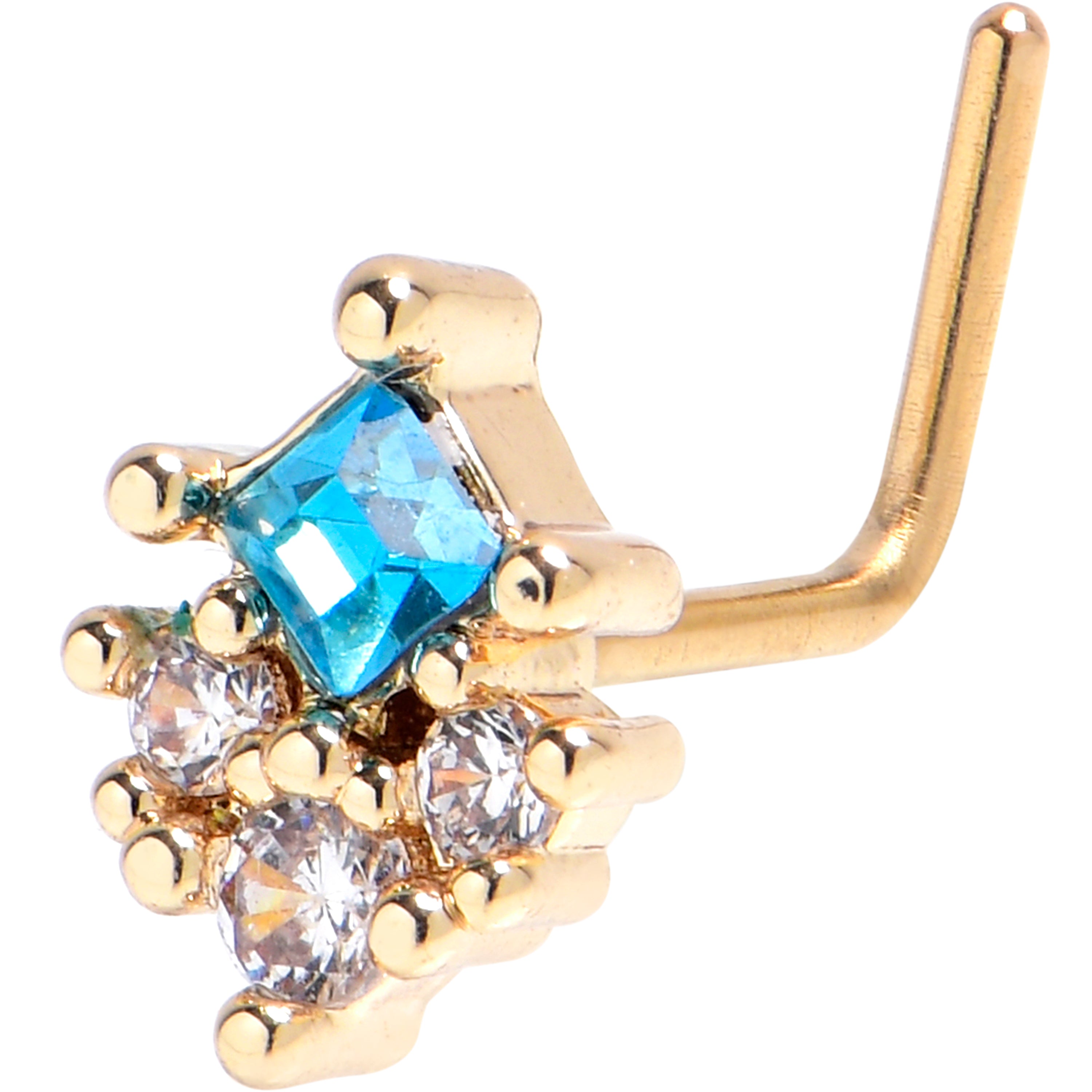 20 Gauge 7mm Blue CZ Gem Gold Tone Rhombus Riot L Shape Nose Ring