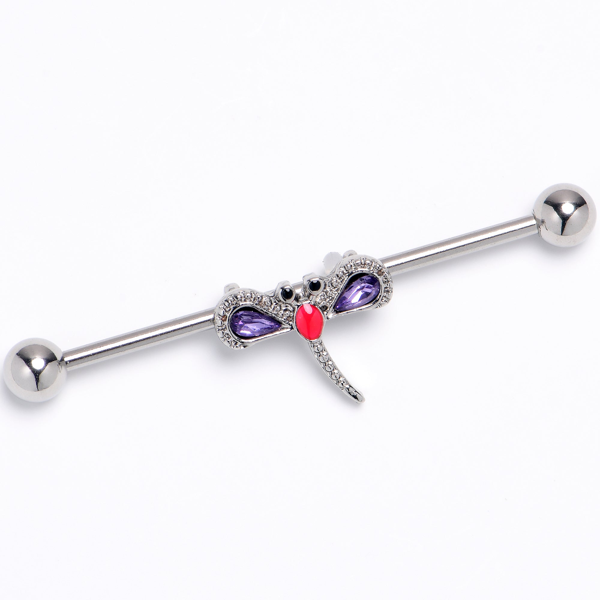 14 Gauge Purple Gem Embellished Dragonfly Industrial Barbell 38mm