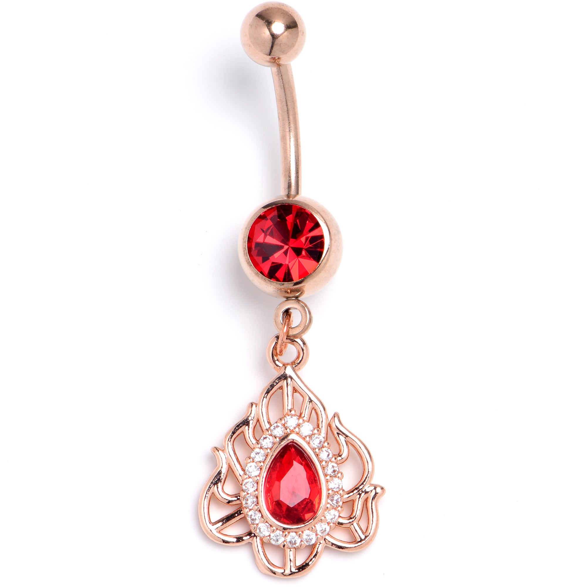 Red Gem Gold Tone Fire Flame Dangle Belly Ring