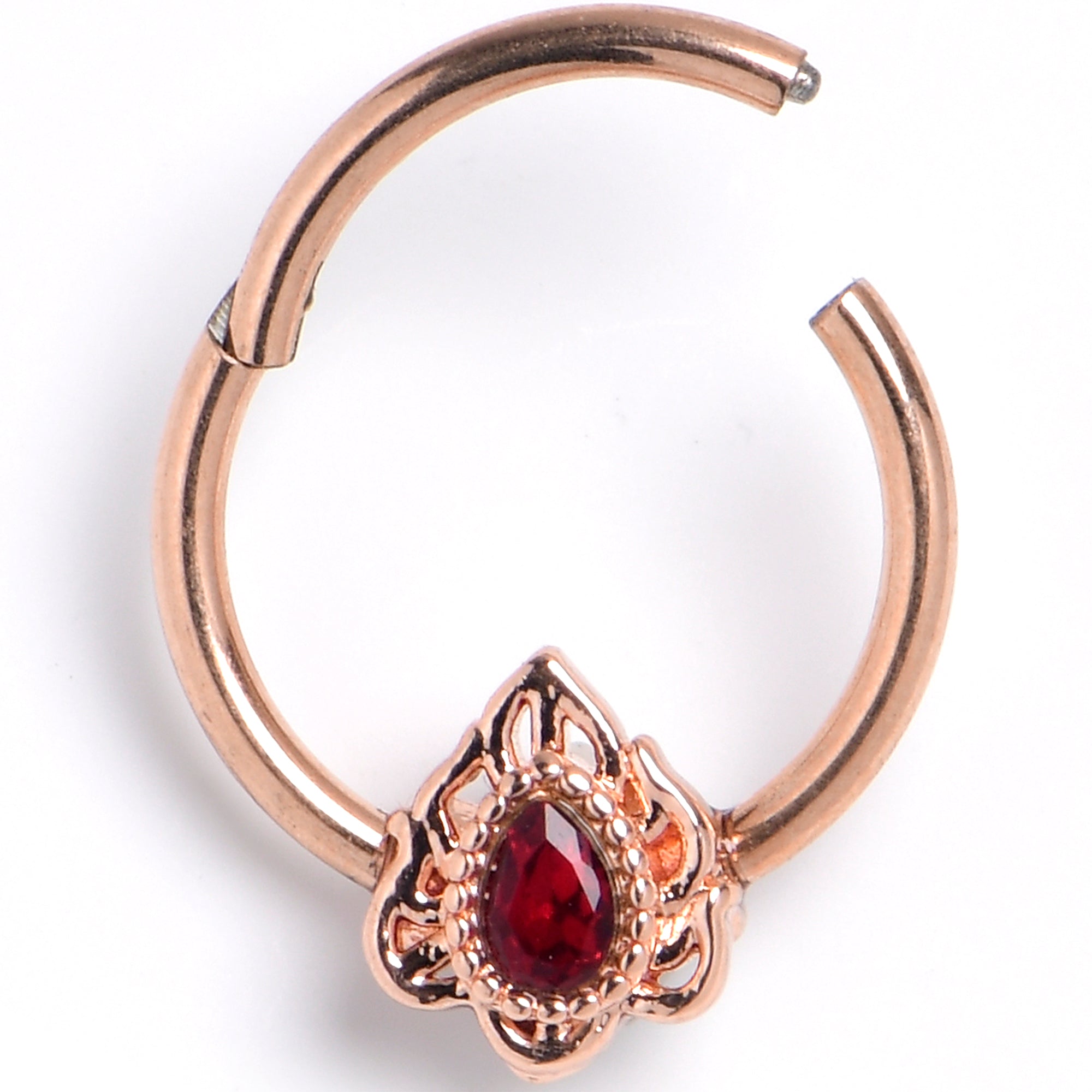 16 Gauge 3/8 Red Gem Rose Gold Tone Firey Flame Hinged Segment Ring