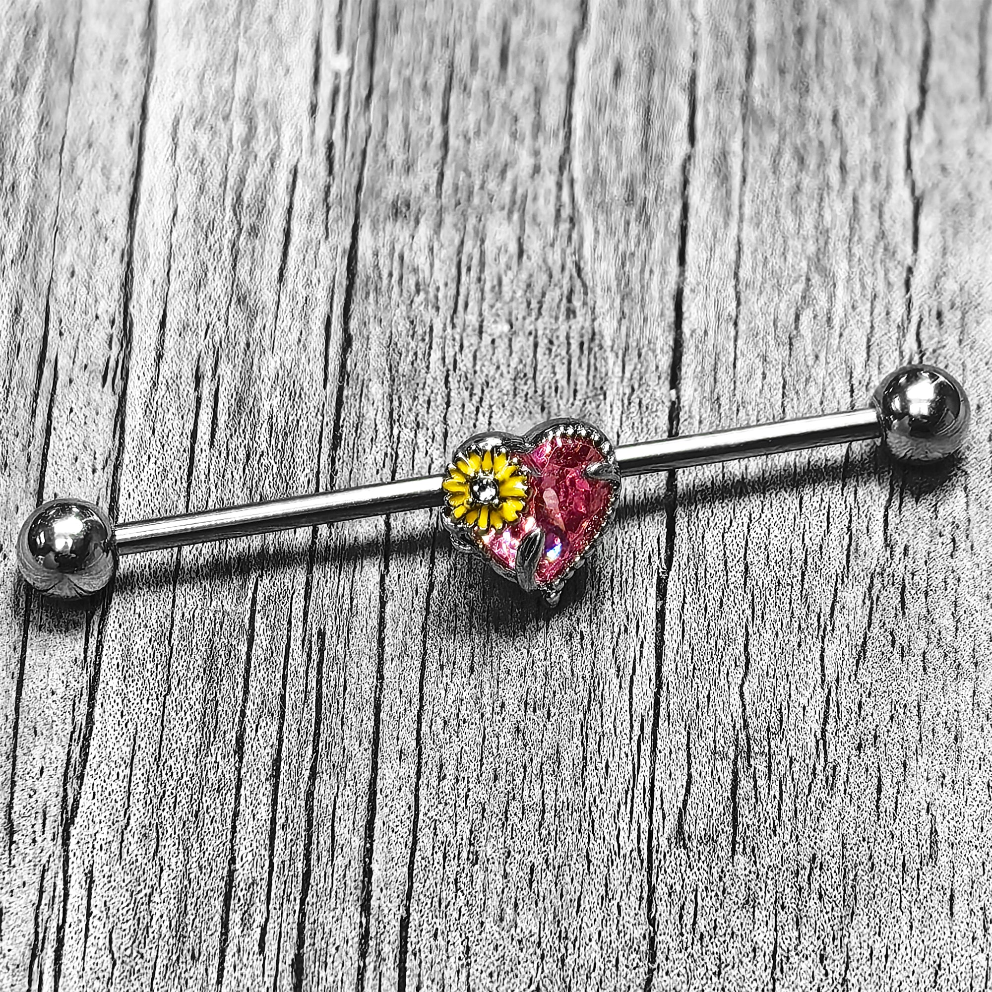 14 Gauge Clear Pink Gem Sunflower Heart Love Industrial Barbell 38mm