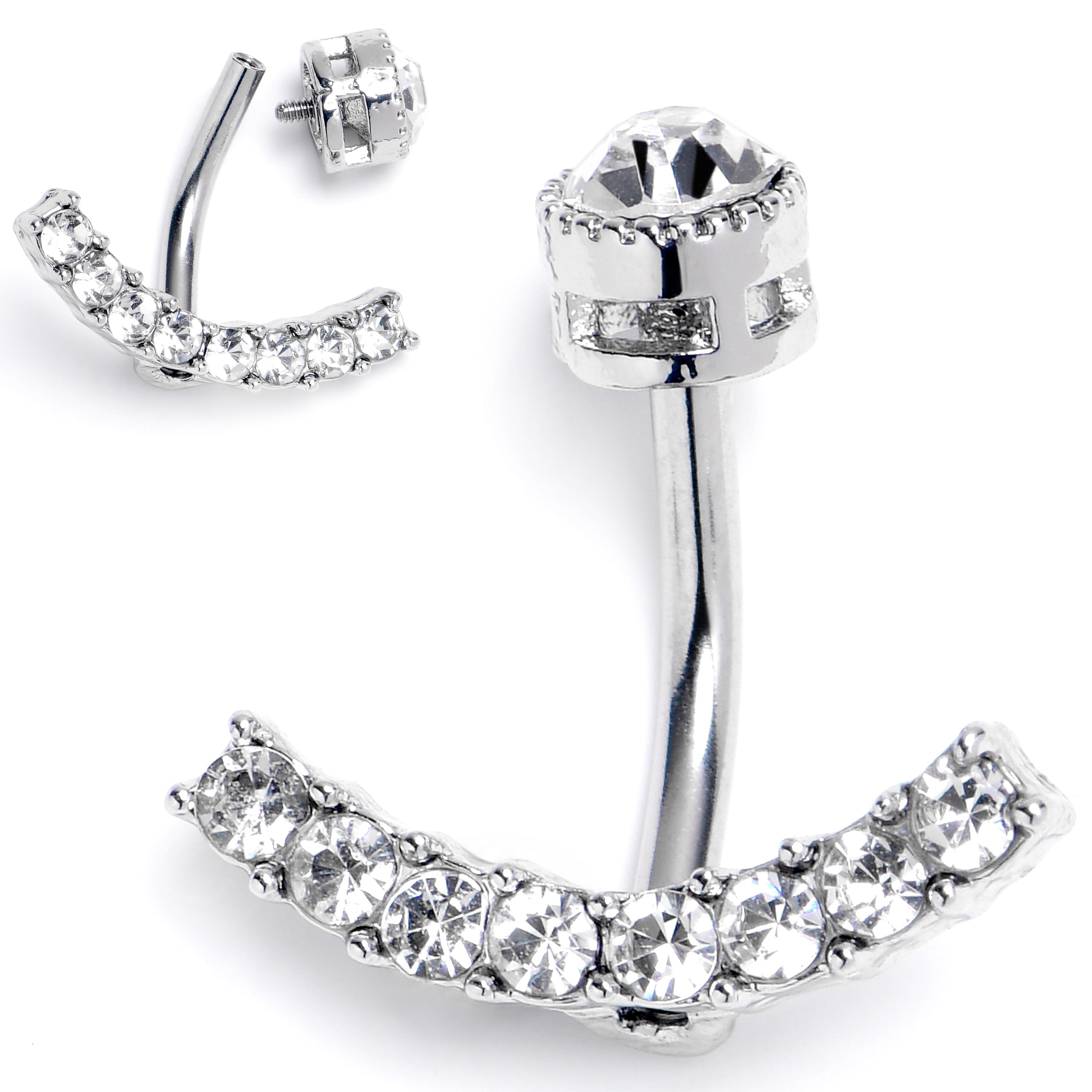 Clear CZ Gem Internally Threaded Arc Of Glam Belly Ring