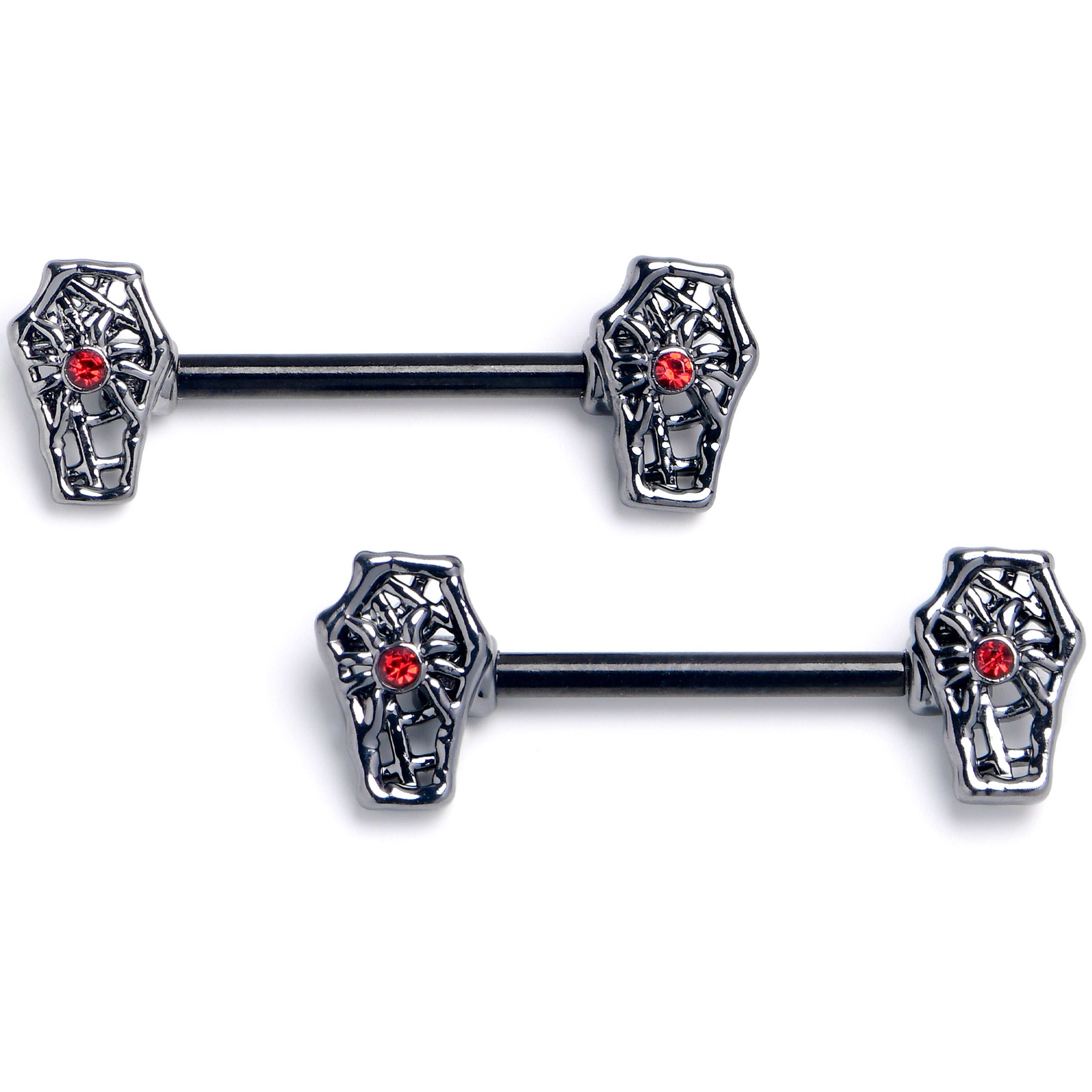 14 Gauge 9/16 Red Gem Black Spider Coffin Barbell Nipple Ring Set