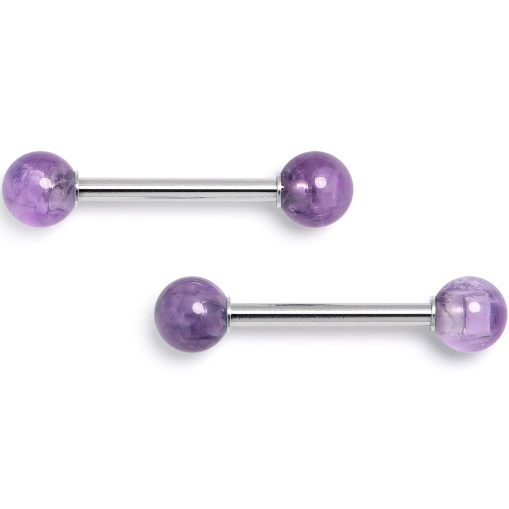 14 Gauge 9/16 Amethyst Natural Stone Barbell Nipple Ring Set