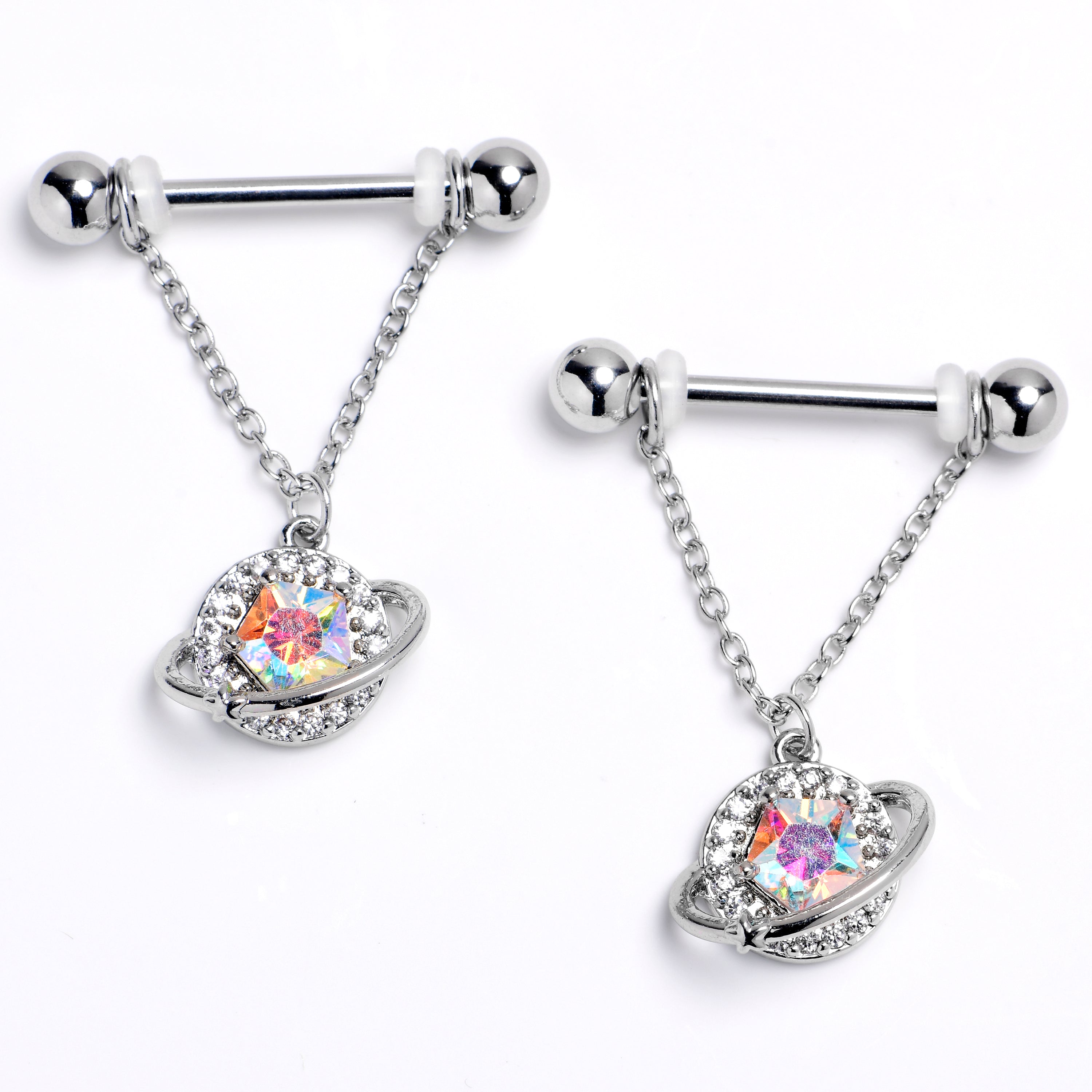 14 Gauge 9/16 Aurora CZ Gem Textured Saturn Dangle Nipple Ring Set