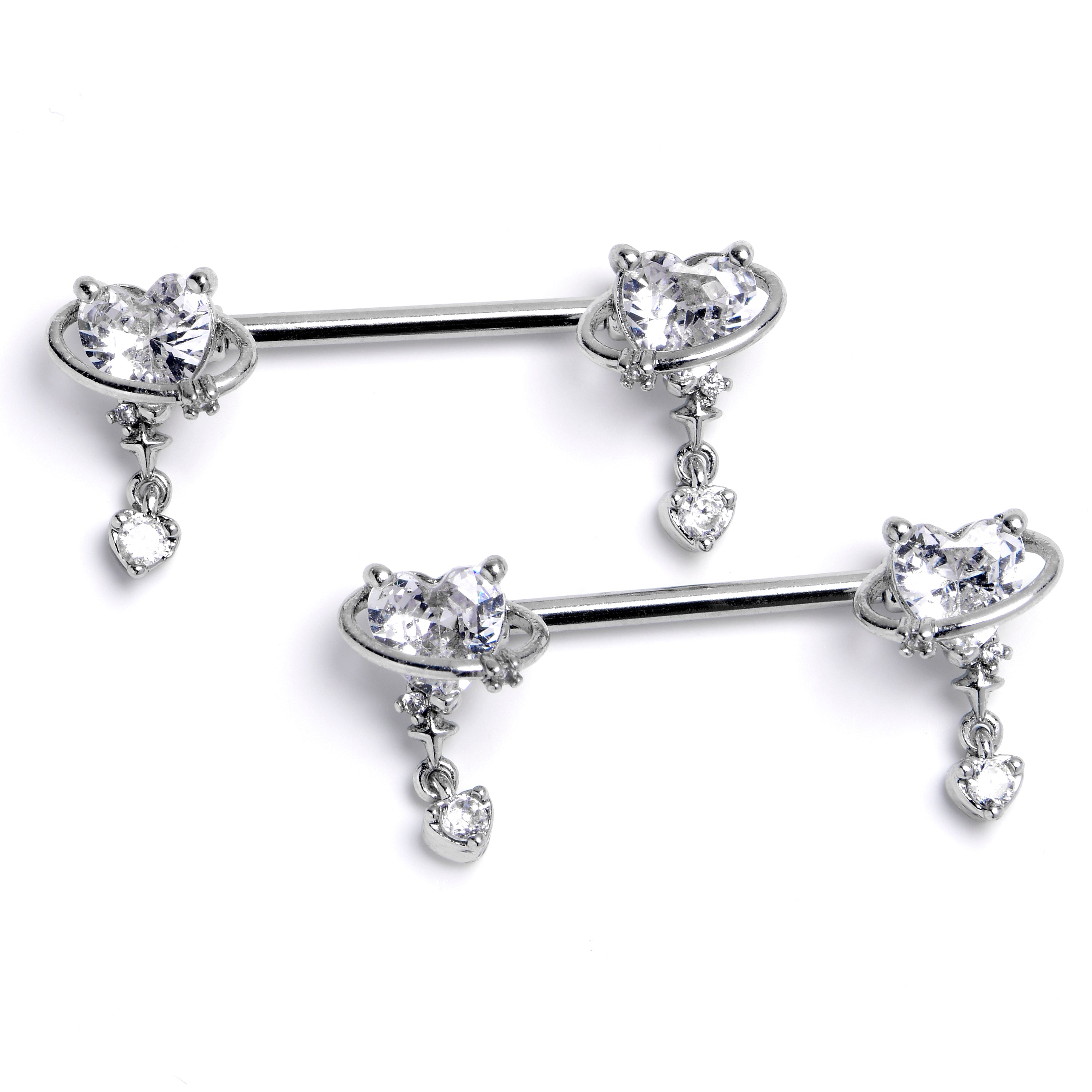 14 Gauge 9/16 Clear CZ Gem Saturn Heart Dangle Nipple Ring Set