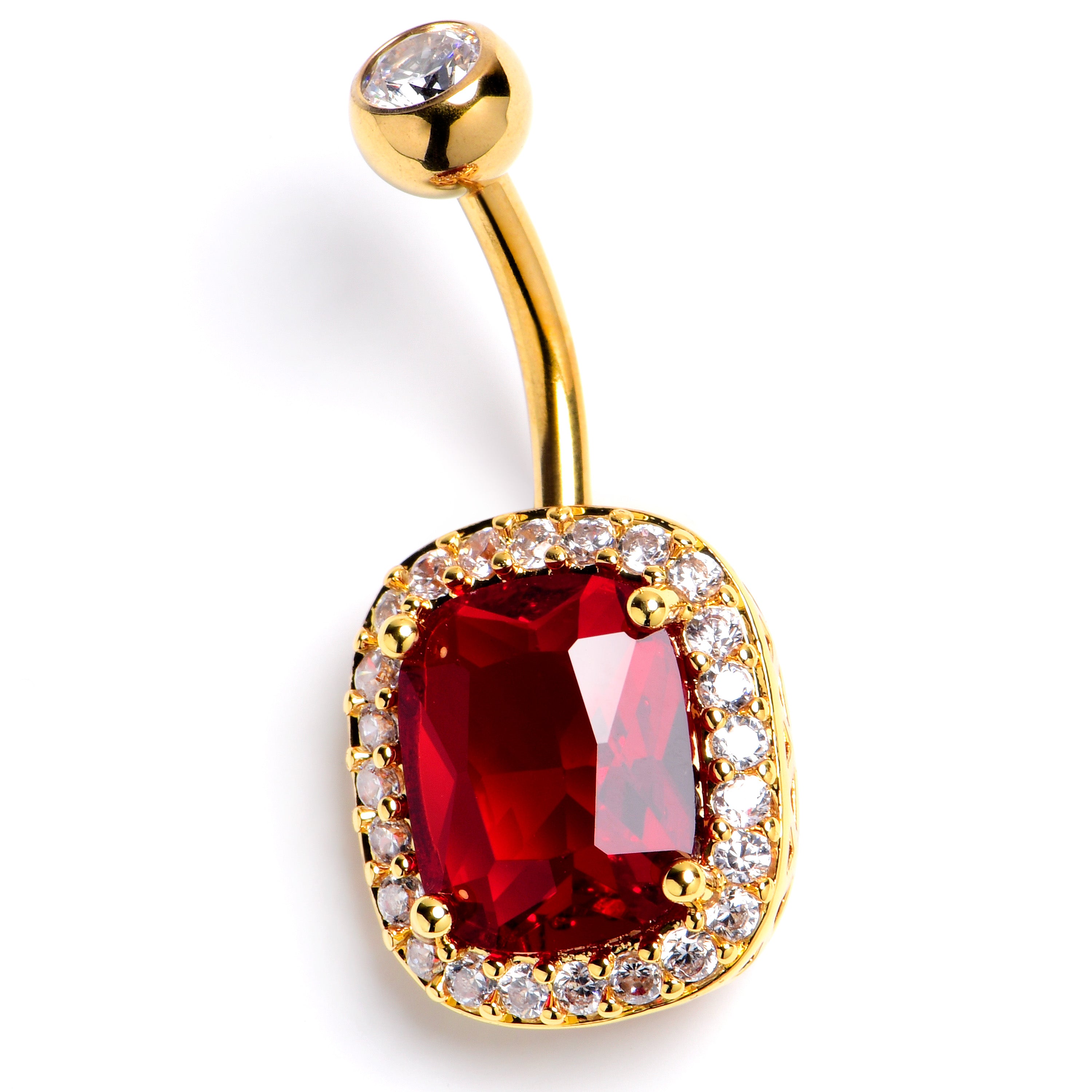 Clear Red CZ Gem Gold Tone Rococo Square Belly Ring