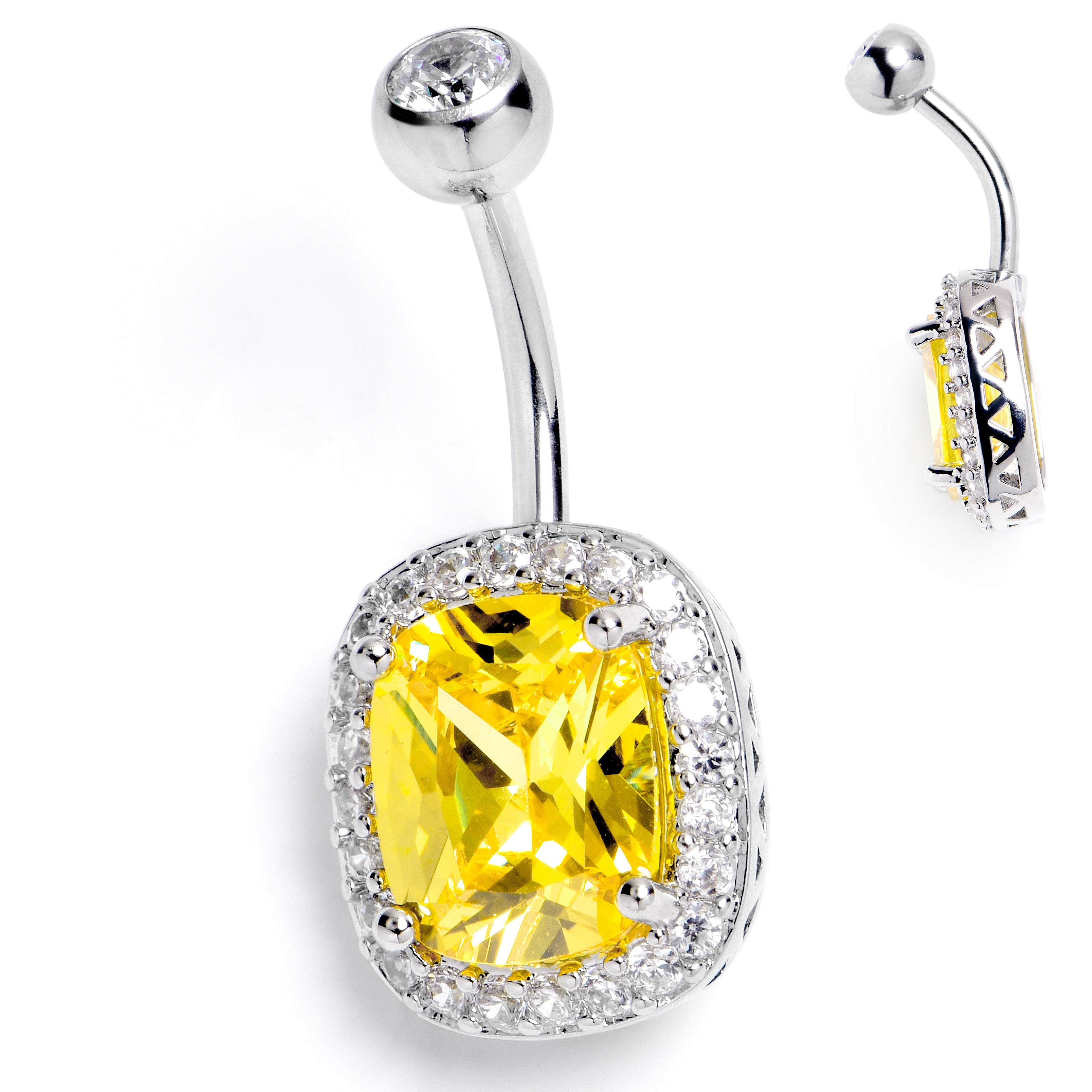 Clear Yellow CZ Gem Rococo Square Belly Ring