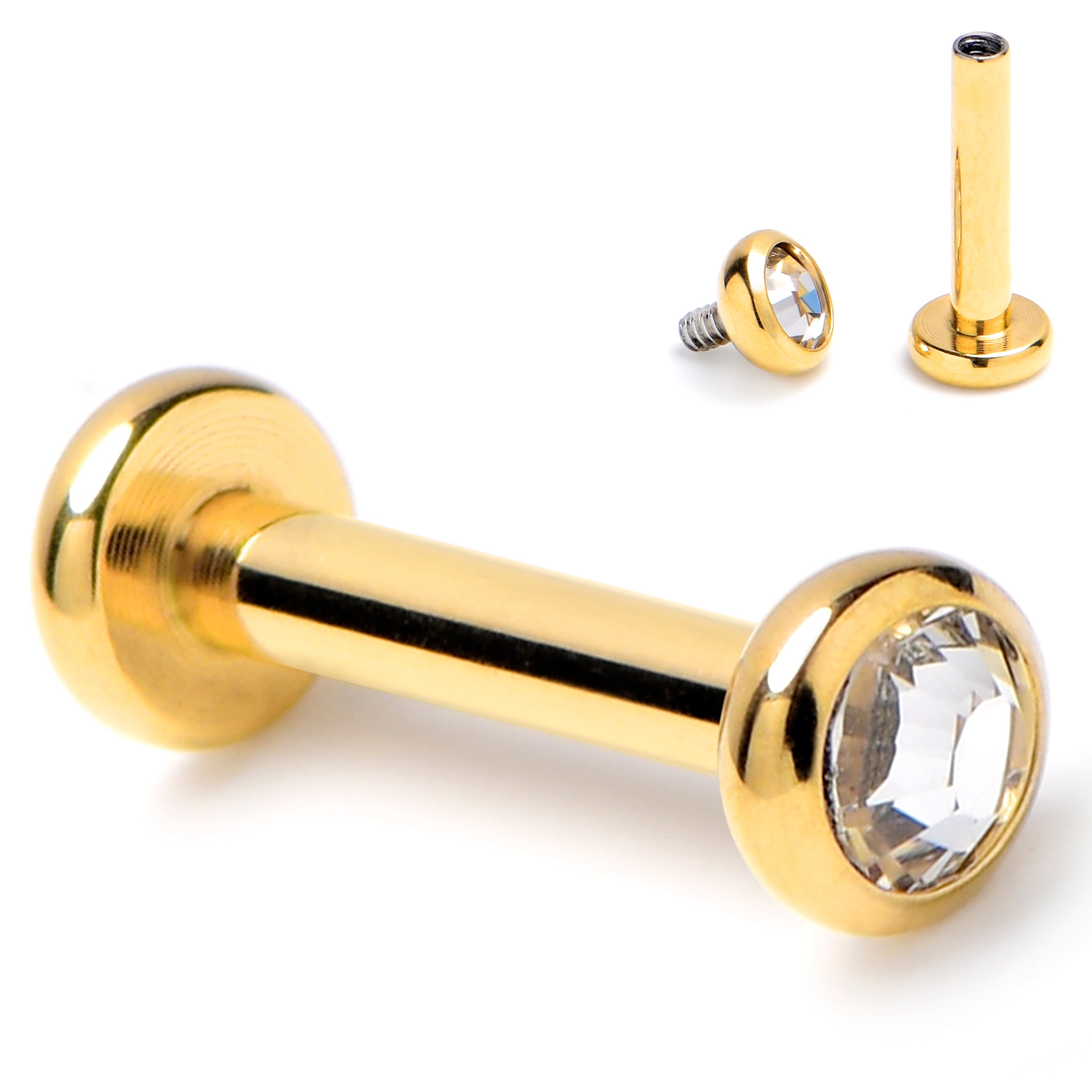 16 Gauge 1/4 Clear CZ Gem Gold Tone ASTM F-136 Implant Grade Titanium Internally Threaded Labret