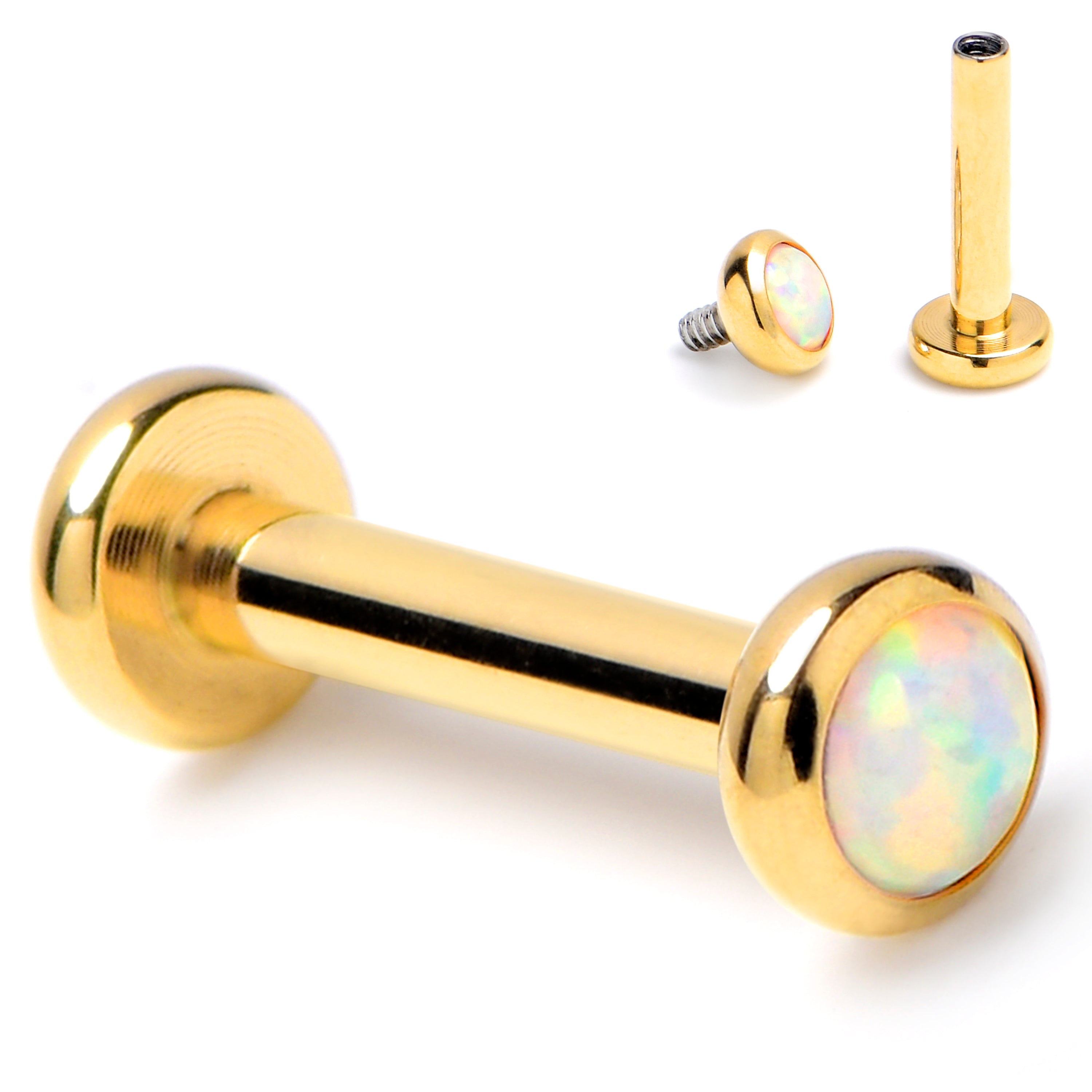 16 Gauge 1/4 White Synth Opal Gold Tone ASTM F-136 Implant Grade Titanium Internal Thread Labret