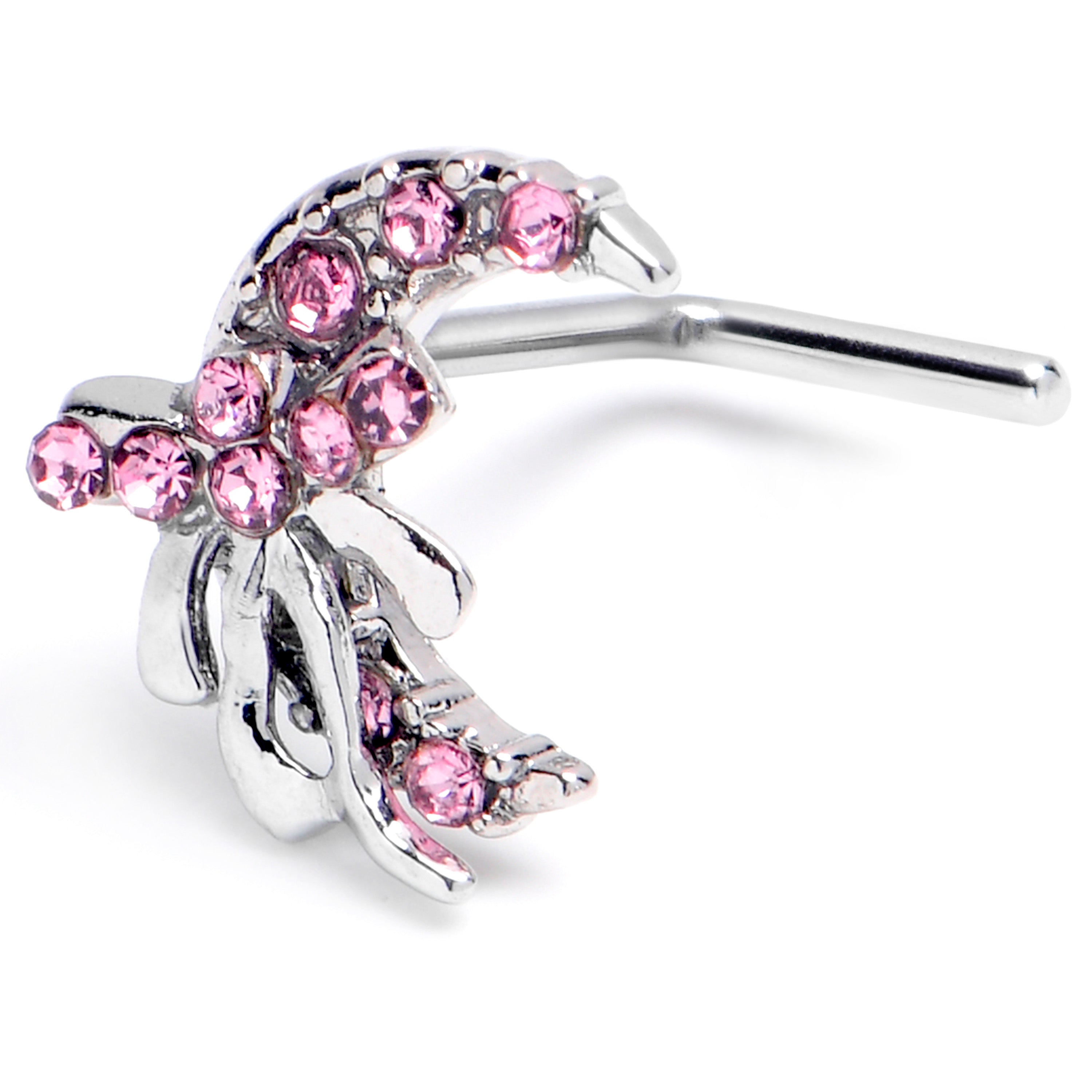 20 Gauge 1/4 Pink CZ Gem Bow Moon L Shape Nose Ring