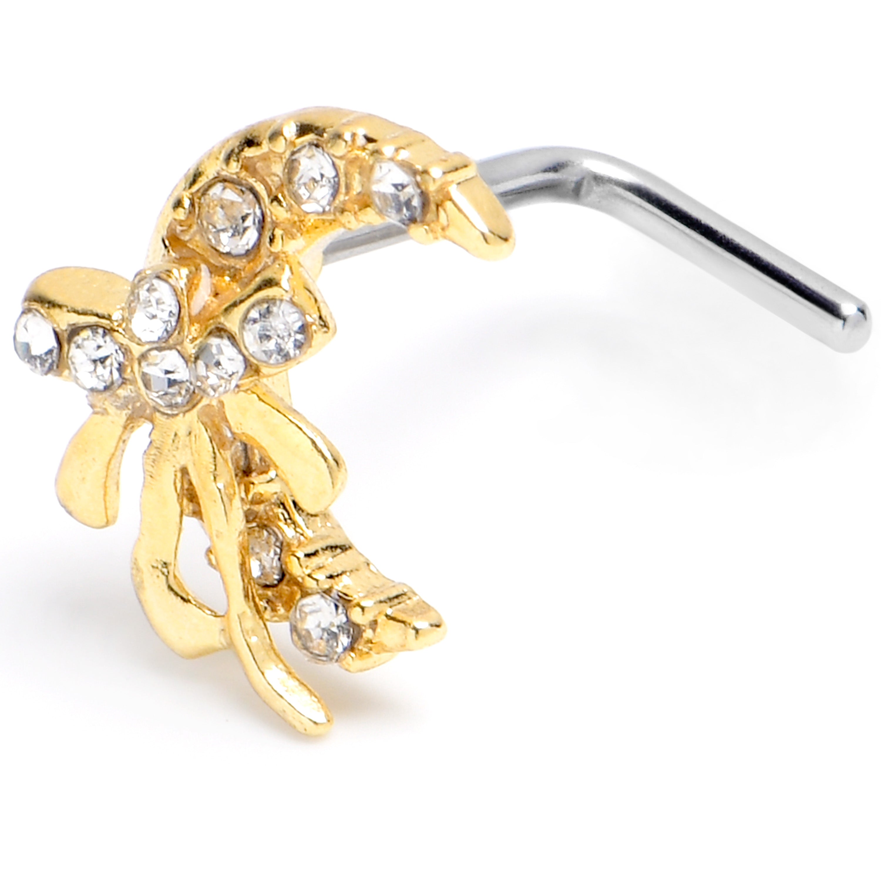 20 Gauge 1/4 Clear CZ Gem Bow Golden Moon L Shape Nose Ring