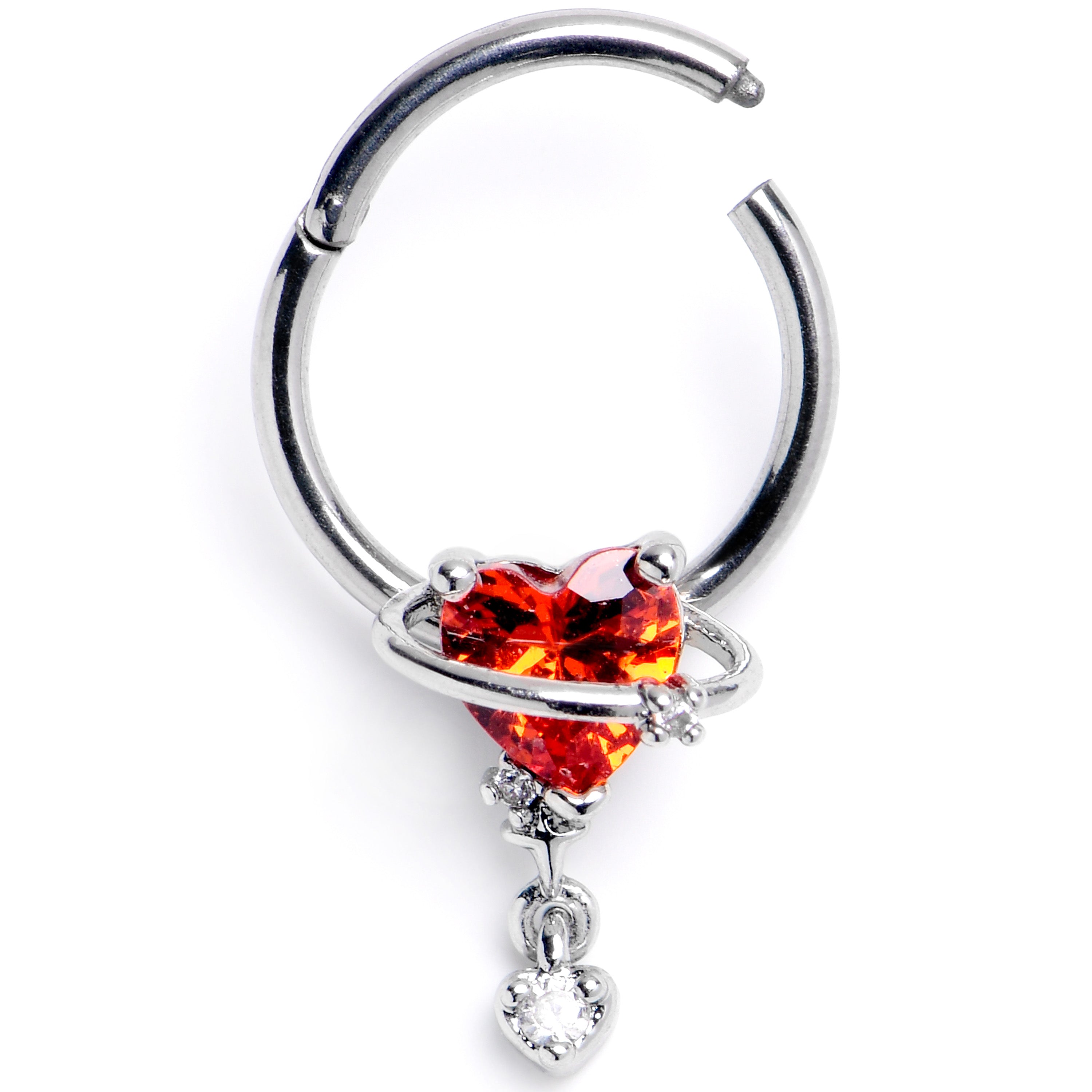 16 Gauge 3/8 Red CZ Gem Saturn Heart Dangle Hinged Segment Ring