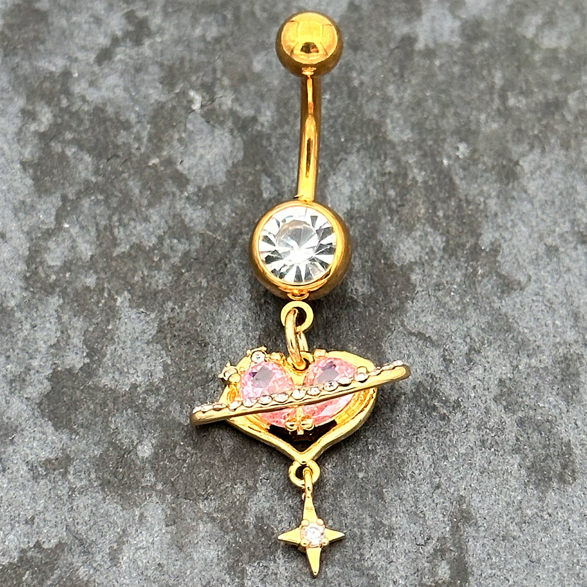 Clear Pink CZ Gem Gold Tone Starry Heart Dangle Belly Ring