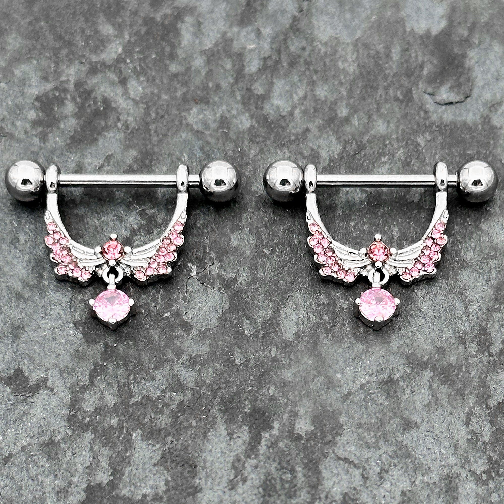 14 Gauge 9/16 Pink CZ Gem Alluring Wings Dangle Nipple Ring Set