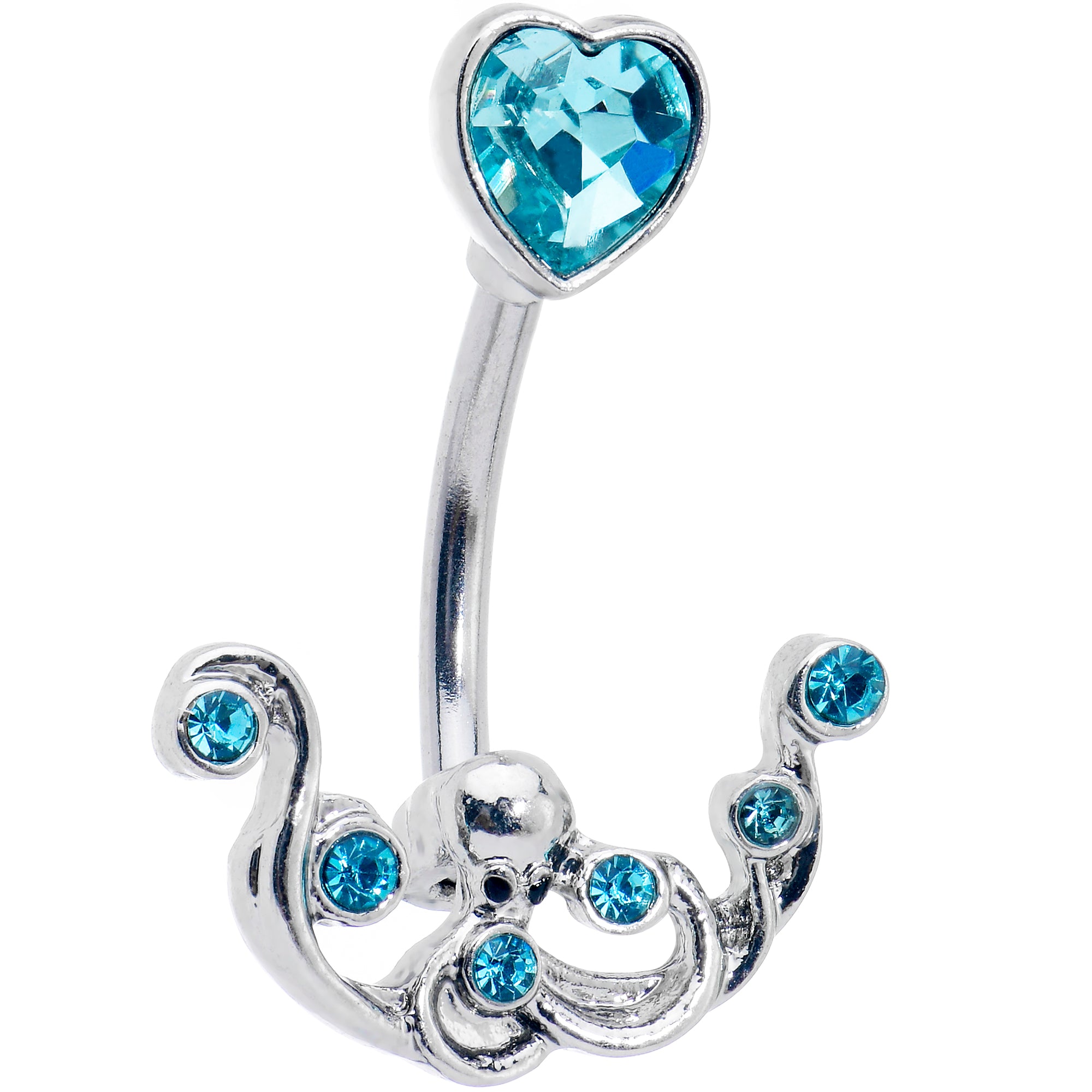 Blue Gem Heart Scrolling Elegance Double Mount Belly Ring