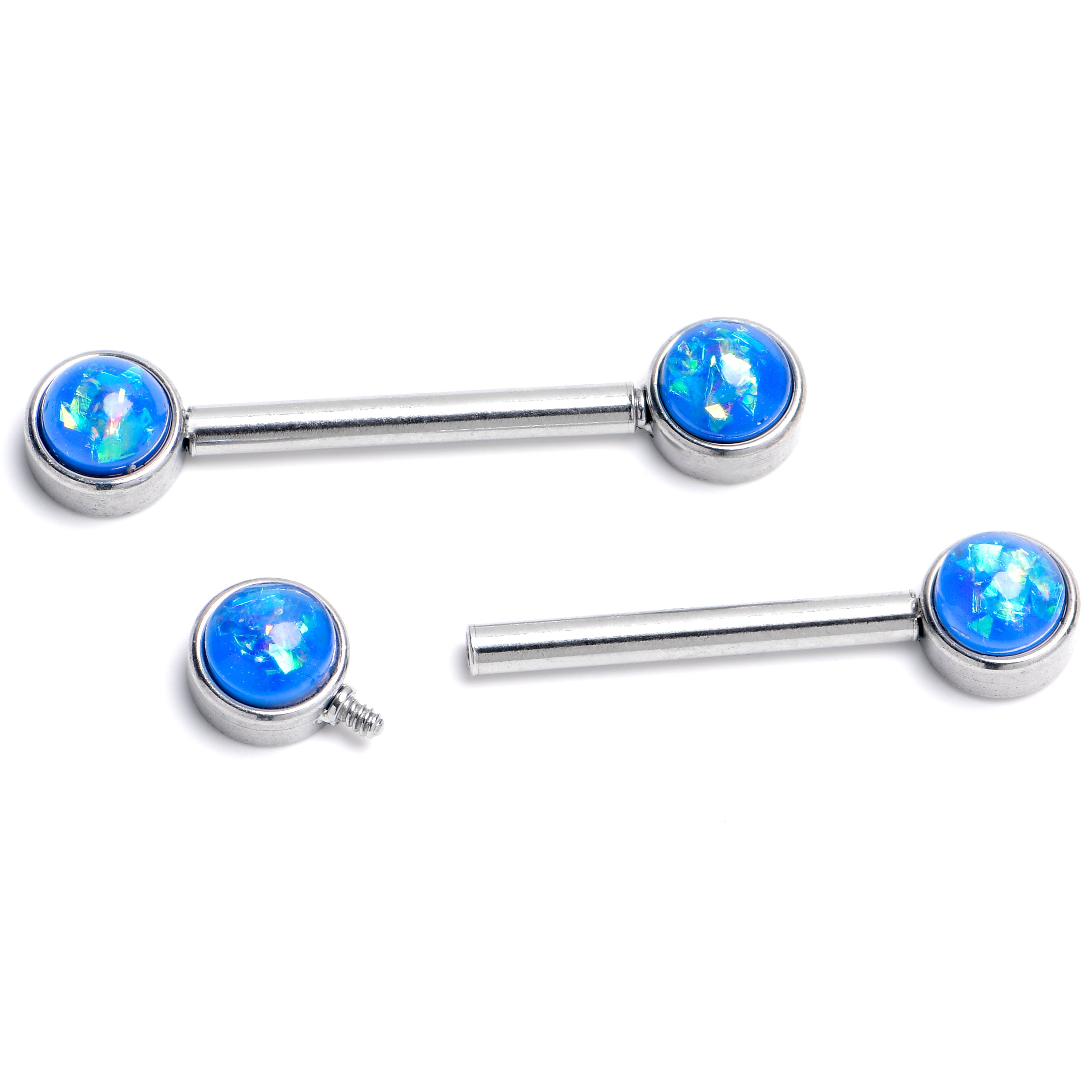 14 Gauge 9/16 Blue Faux Opal Internally Threaded Barbell Nipple Ring Set