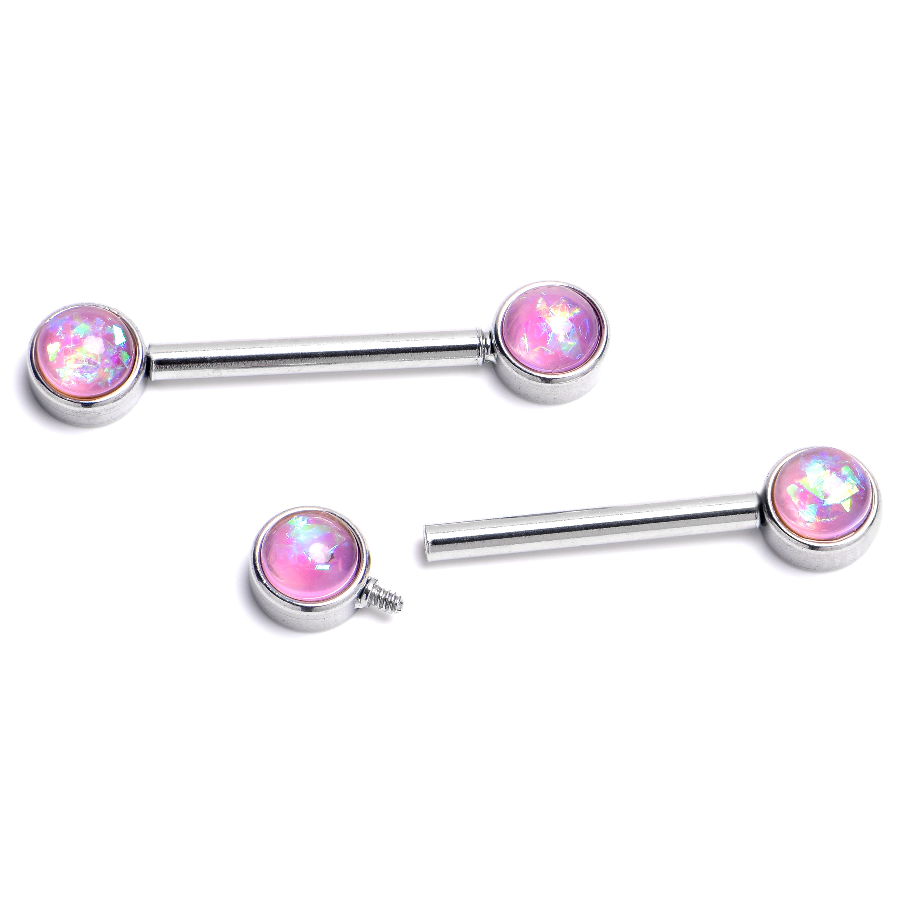 14 Gauge 9/16 Pink Faux Opal Internally Threaded Barbell Nipple Ring Set