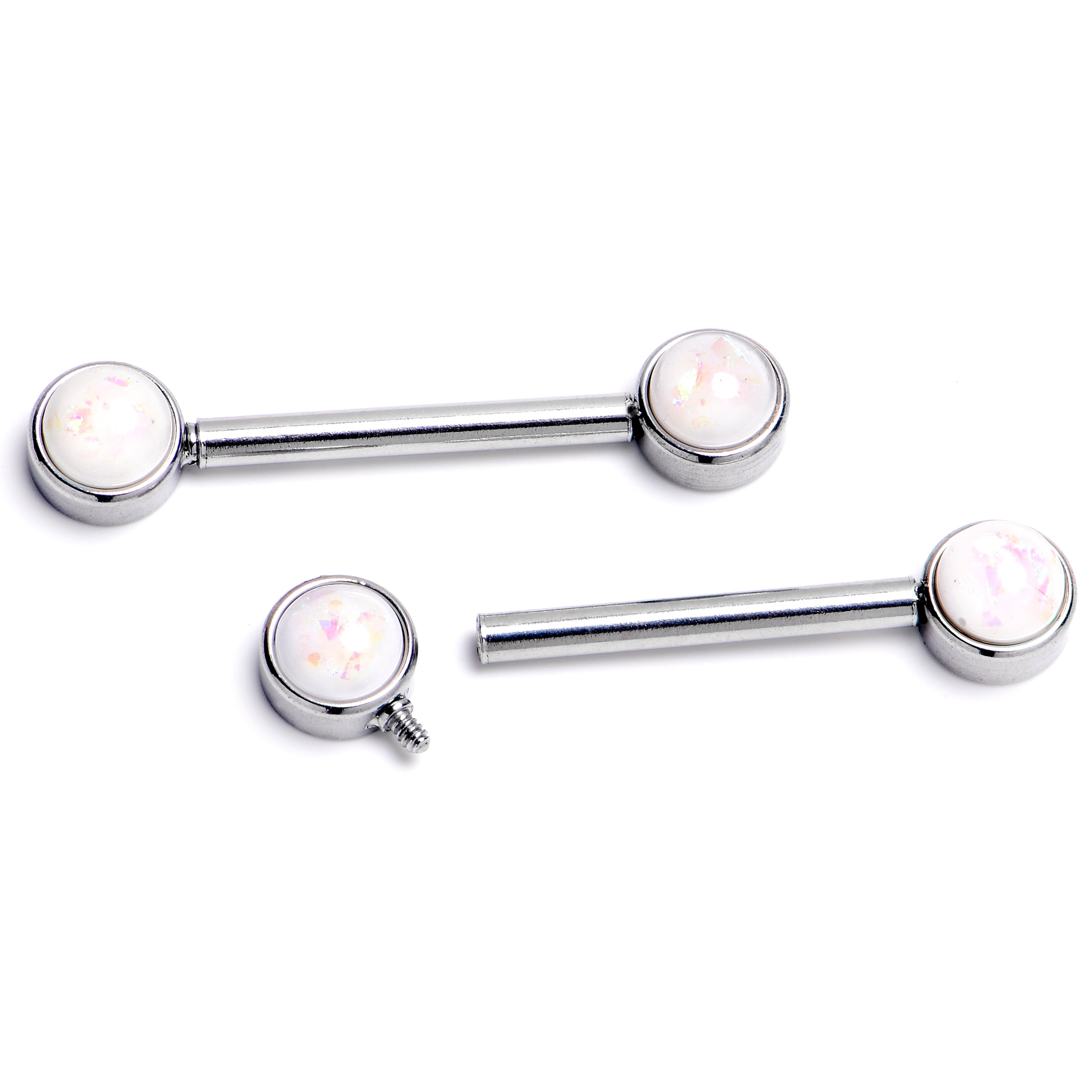 14 Gauge 9/16 White Faux Opal Internally Threaded Barbell Nipple Ring Set