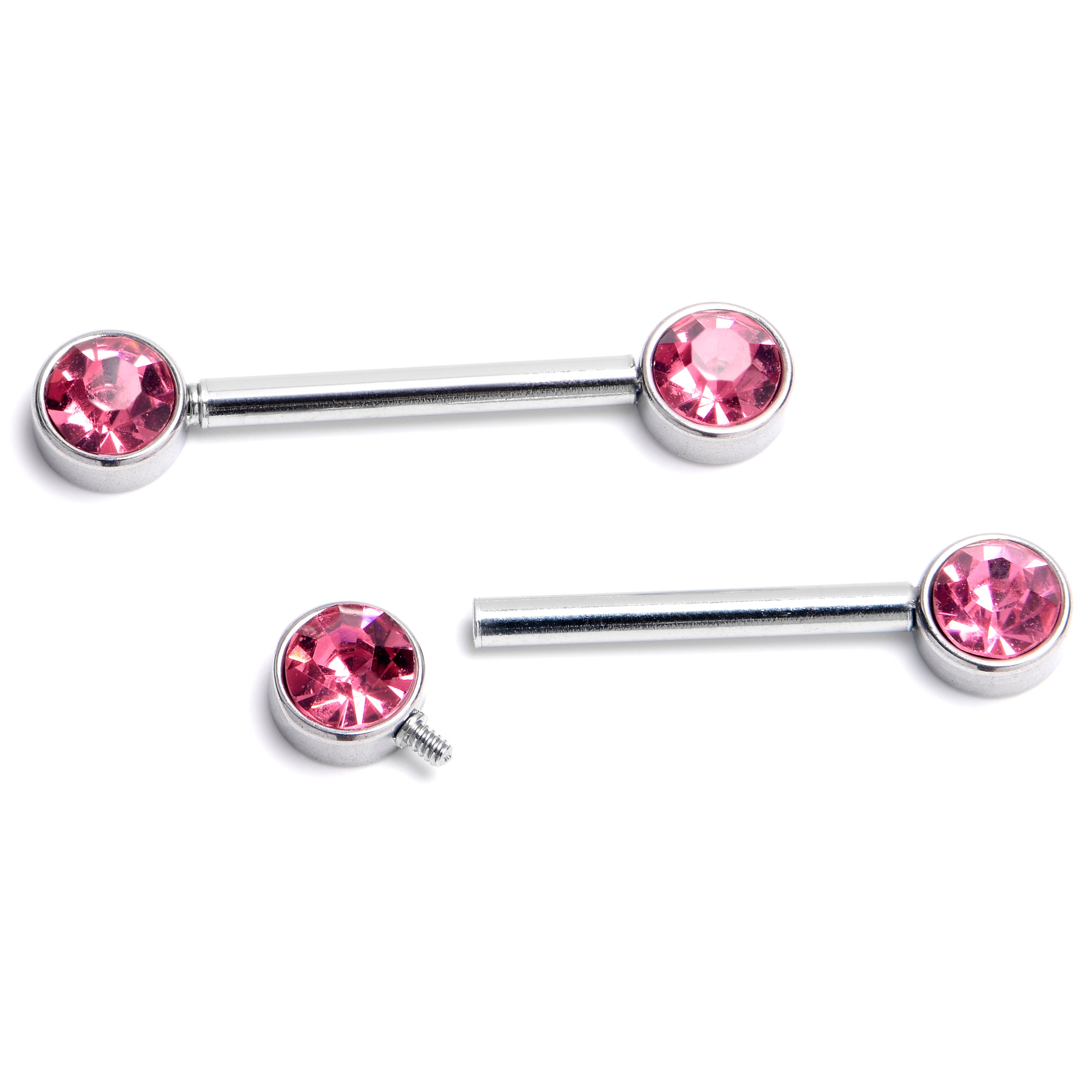 14 Gauge 9/16 Pink CZ Gem Internally Threaded Barbell Nipple Ring Set