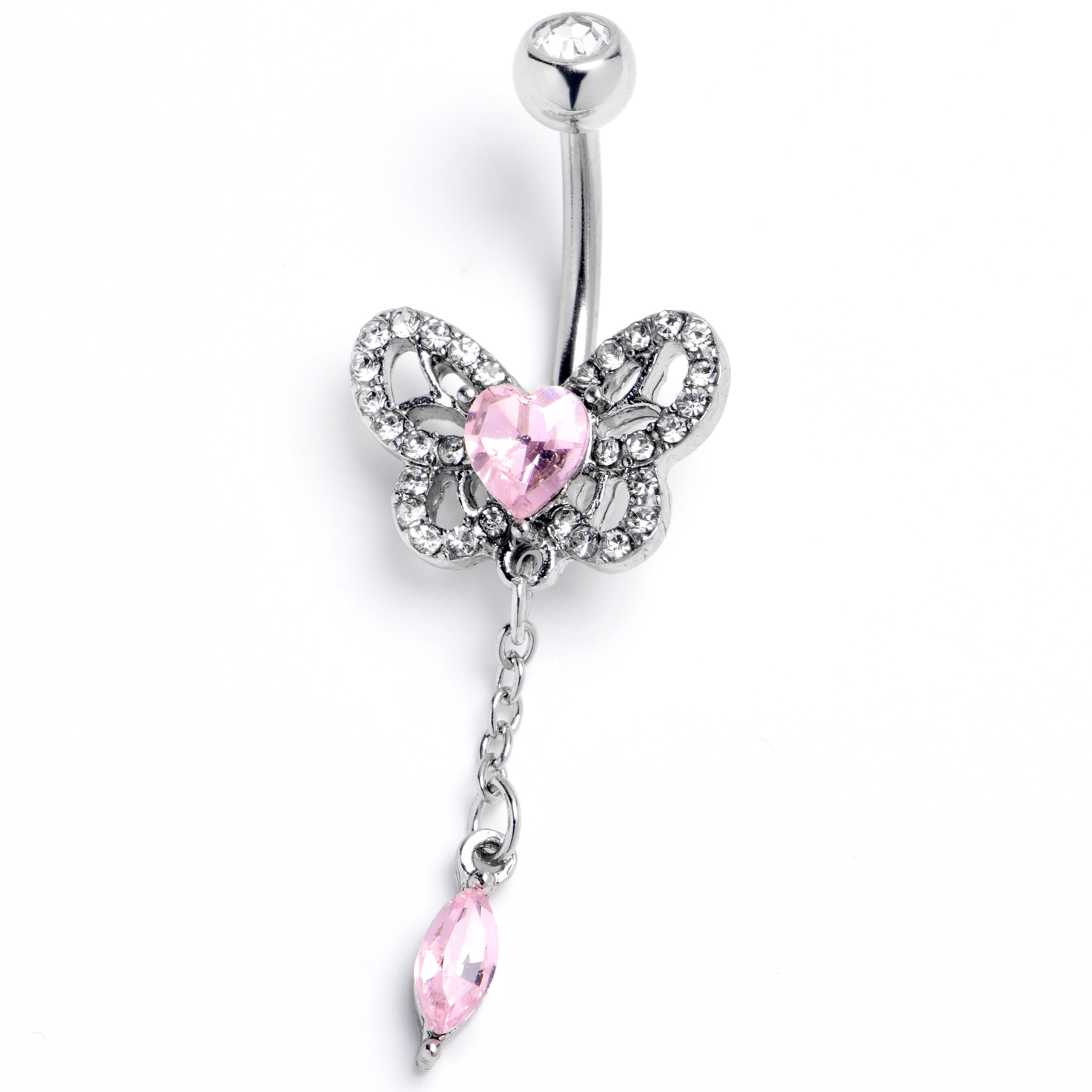 Clear Pink Gem Whimsical Butterfly Dangle Belly Ring