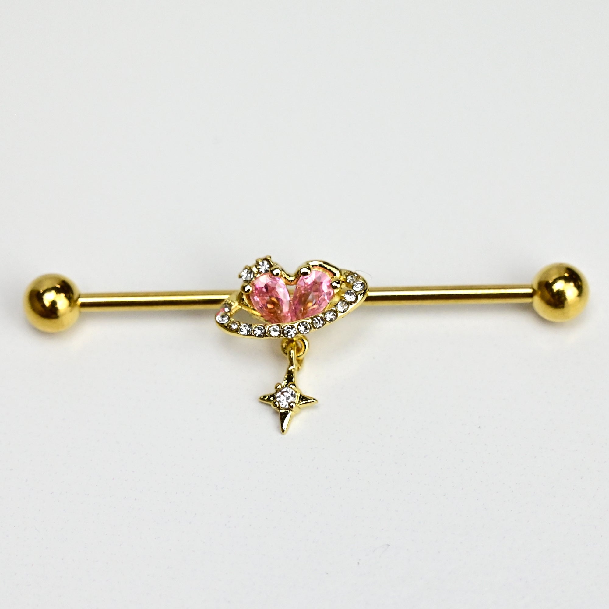 14 Gauge Clear Pink Gem Gold Tone Circle Heart Industrial Barbell 38mm