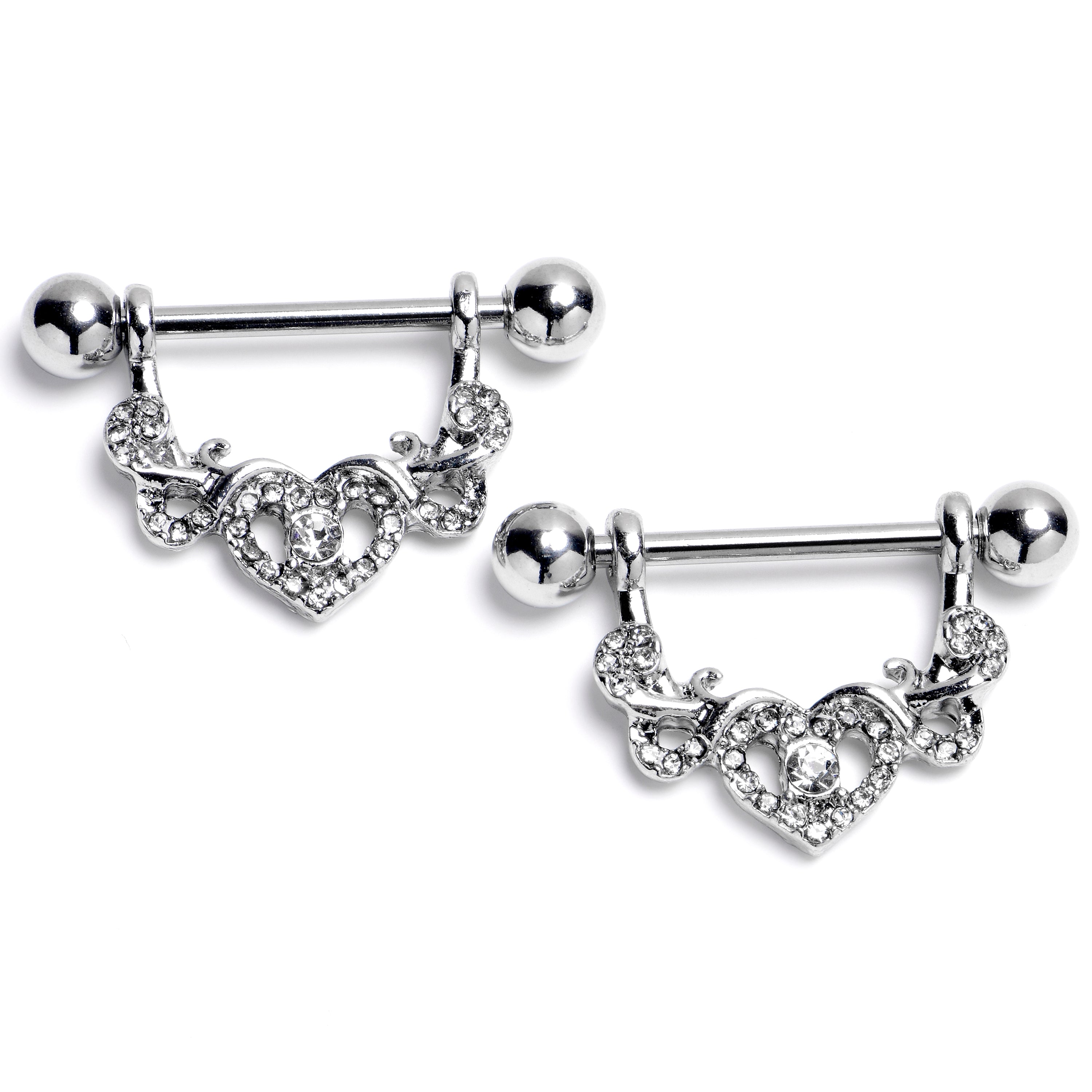 14 Gauge 9/16 Clear Gem Ornate Hearts Dangle Nipple Ring Set