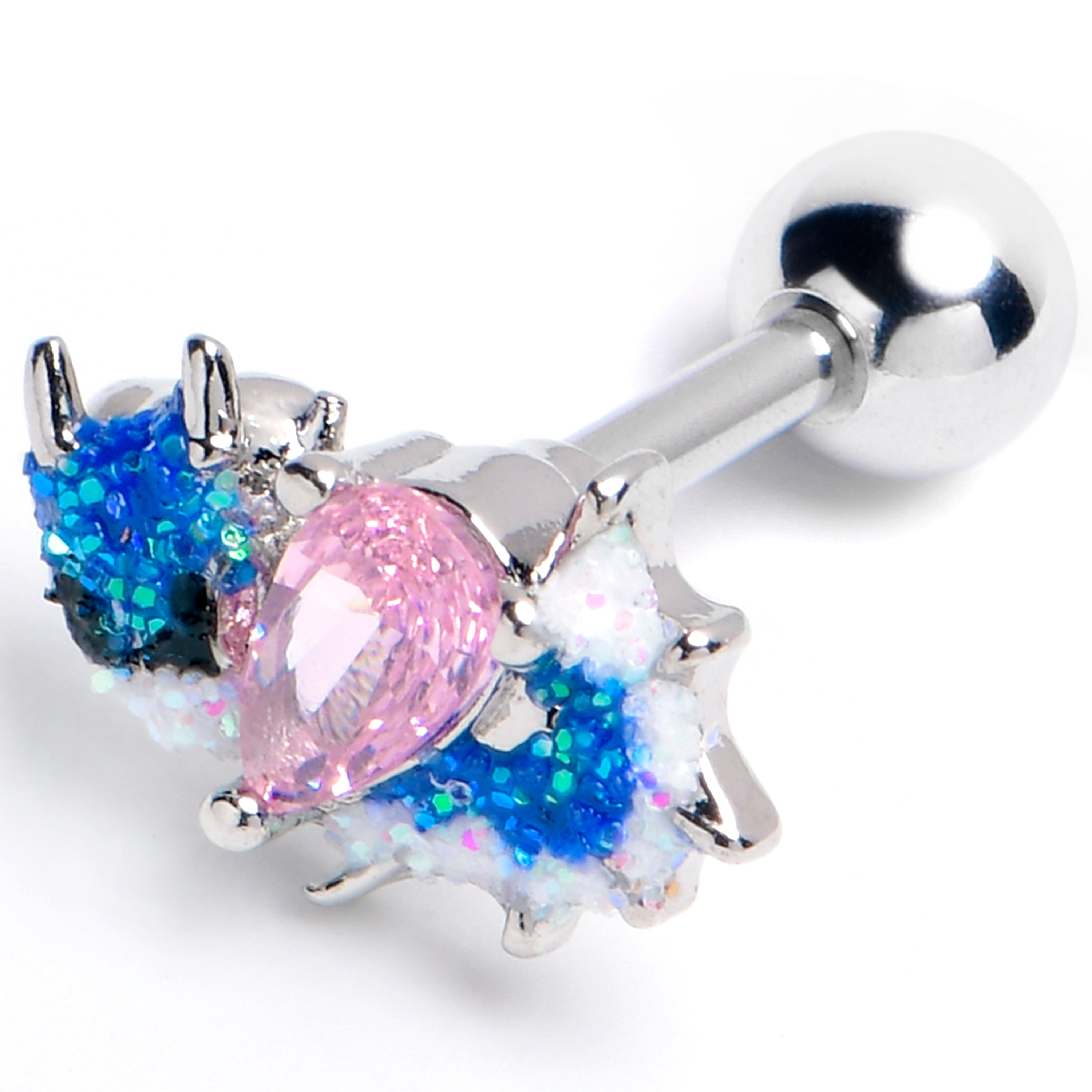 16 Gauge 1/4 Pink CZ Gem Sea Monster Glitter Blue Cartilage Tragus Earring