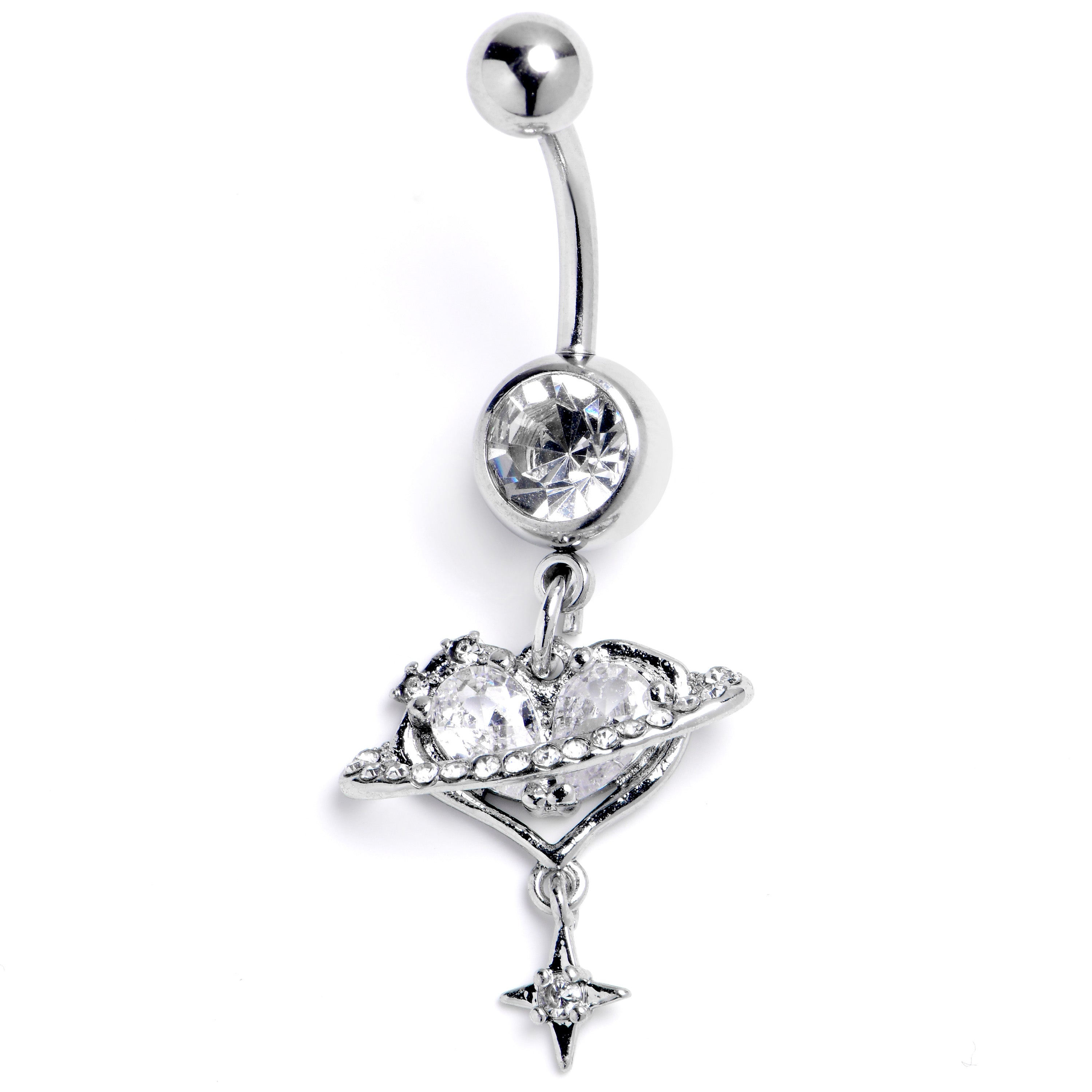 Clear CZ Gem Starry Heart Dangle Belly Ring