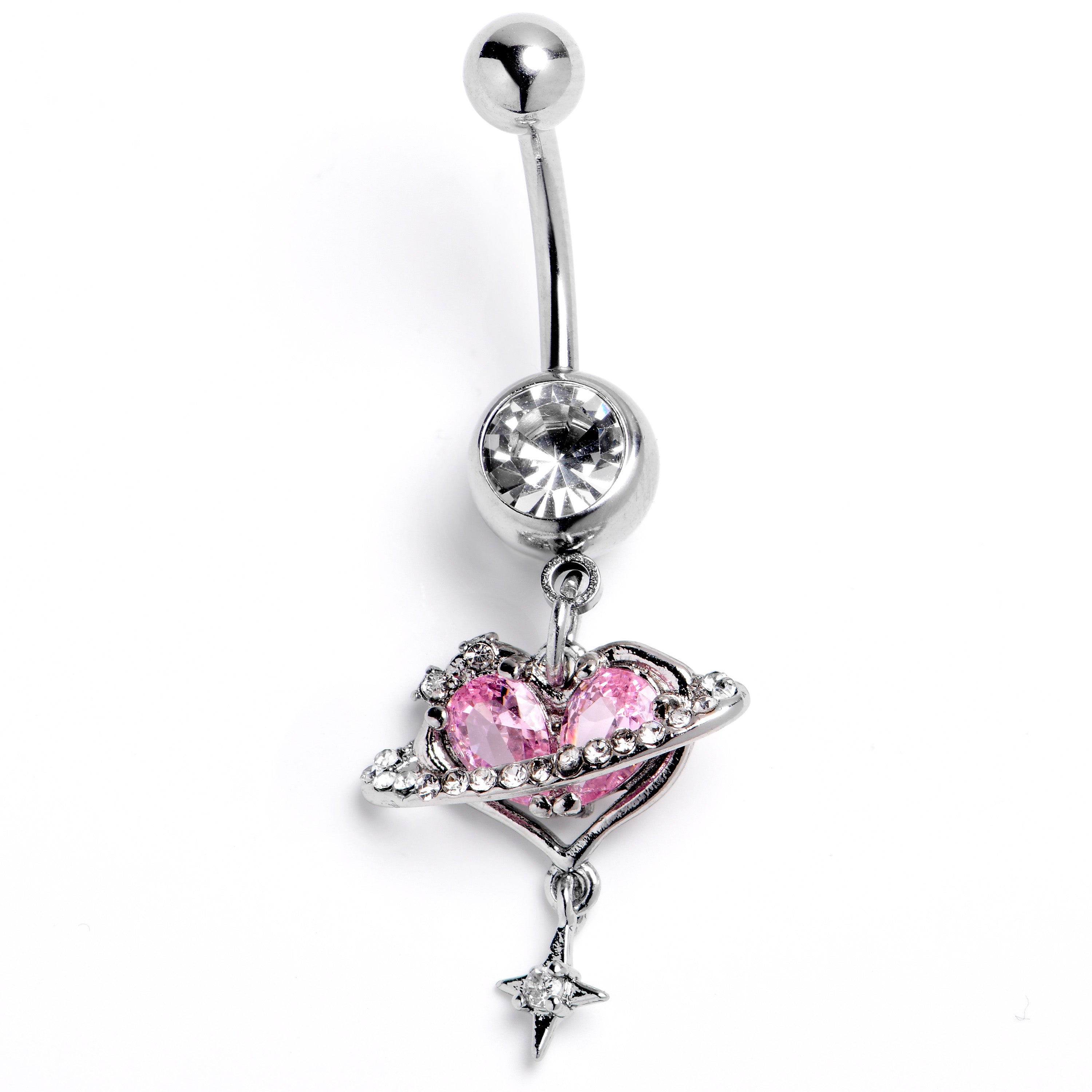 Clear Pink CZ Gem Starry Heart Dangle Belly Ring