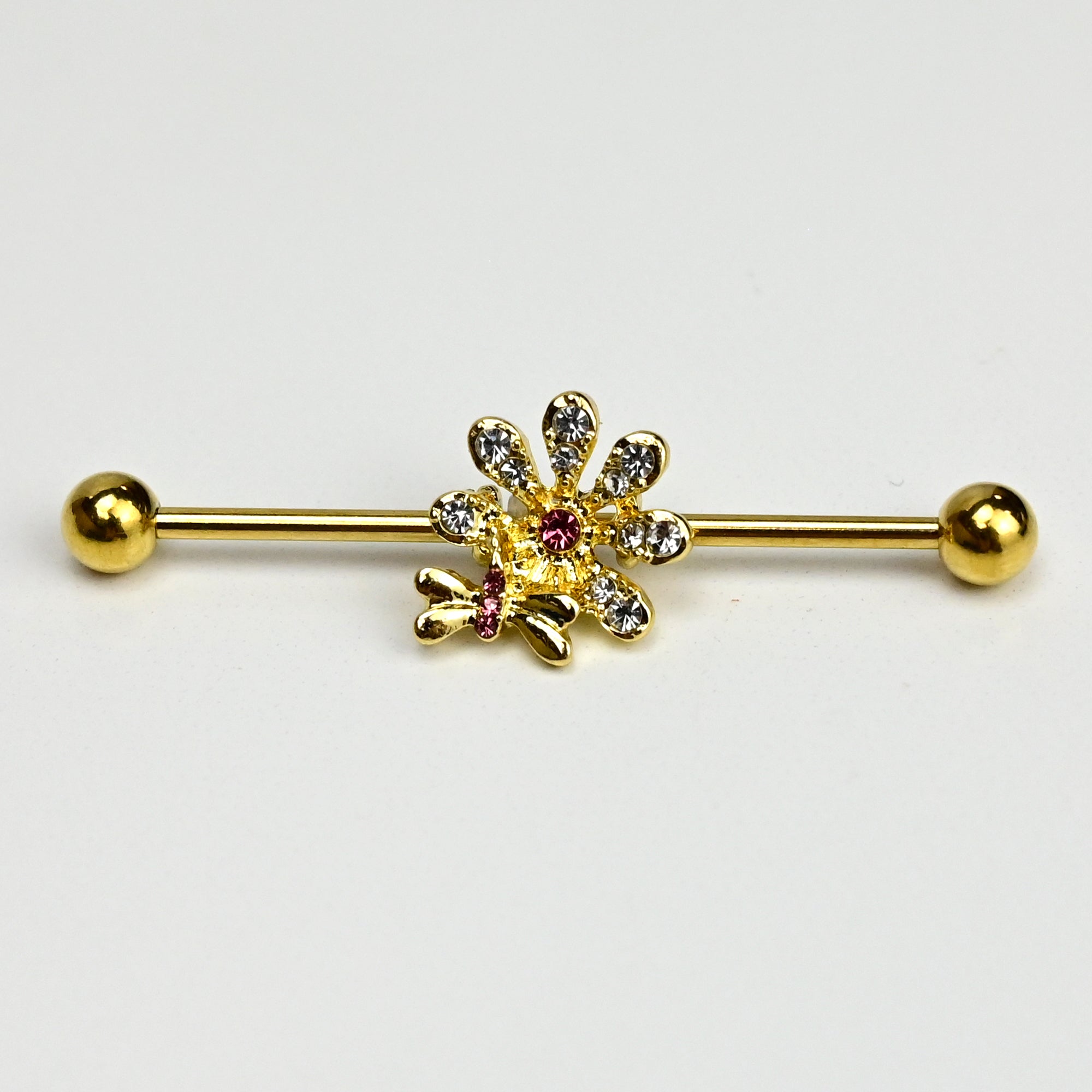 14 Gauge Clear Gem Gold Tone Classic Bee Flower Industrial Barbell 38mm