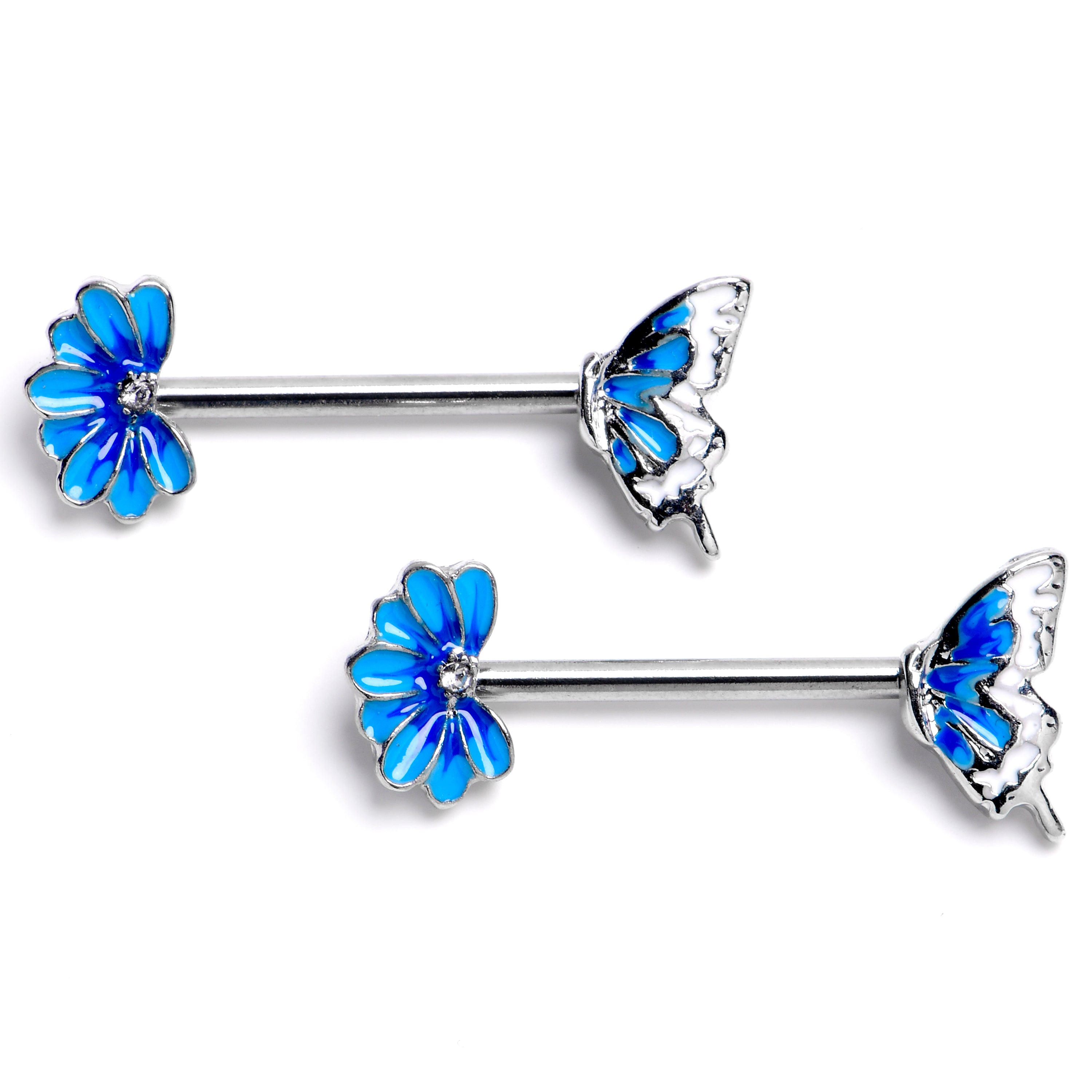 14 Gauge 9/16 Clear CZ Gem Butterfly Blossom Blue Barbell Nipple Ring Set