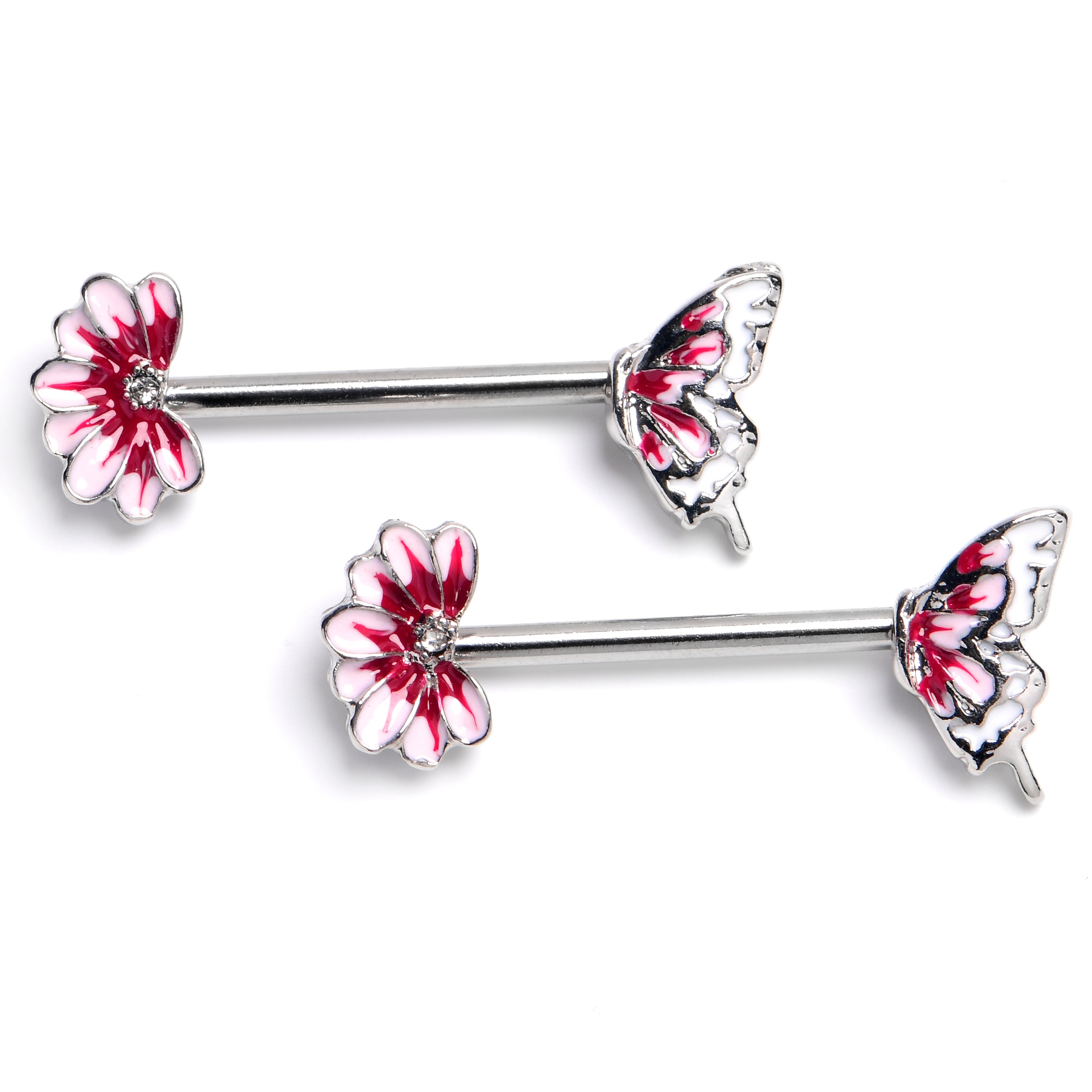 14 Gauge 9/16 Clear CZ Gem Butterfly Blossom Pink Barbell Nipple Ring Set