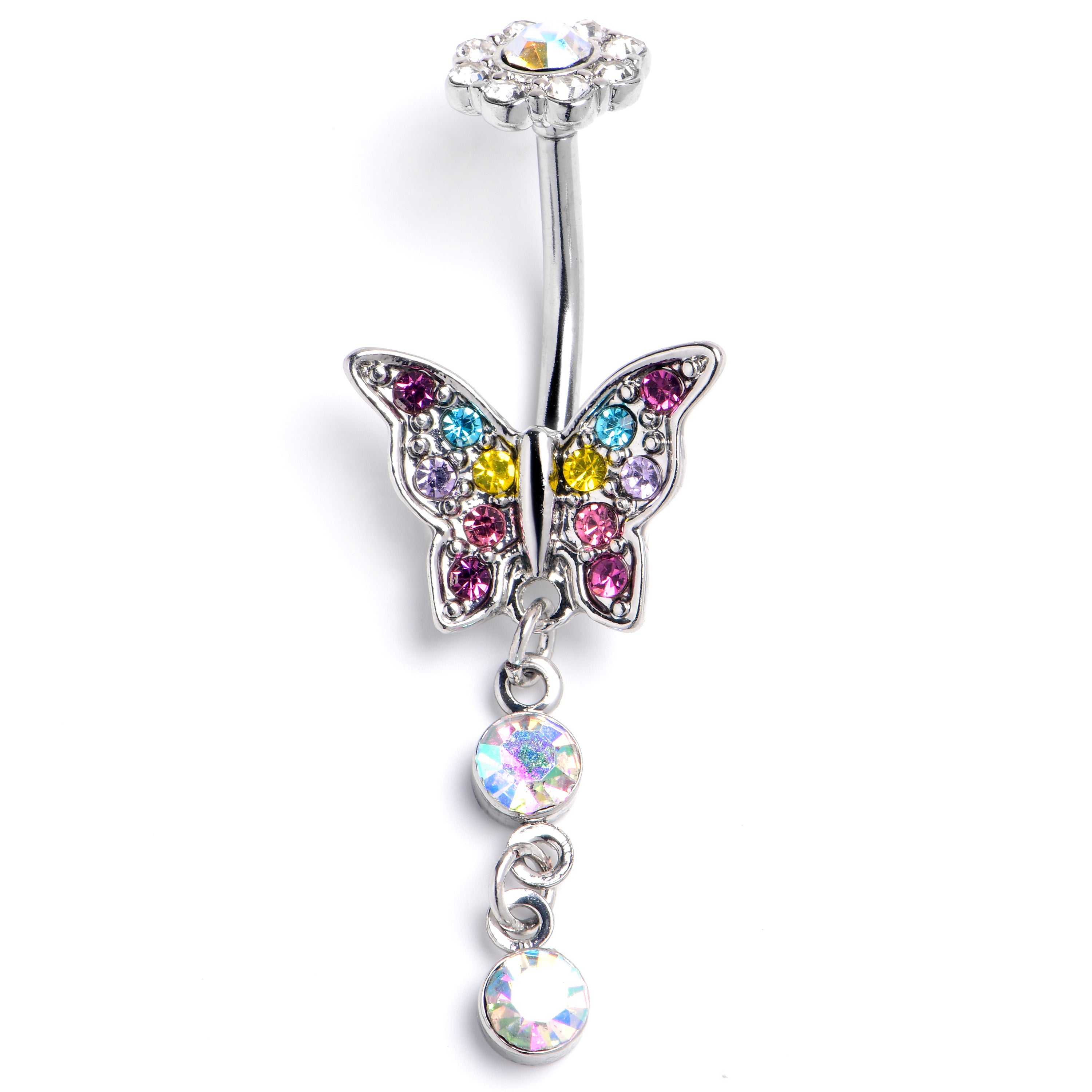 Aurora Pink Gem Fabulous Butterfly Internally Threaded Dangle Belly Ring