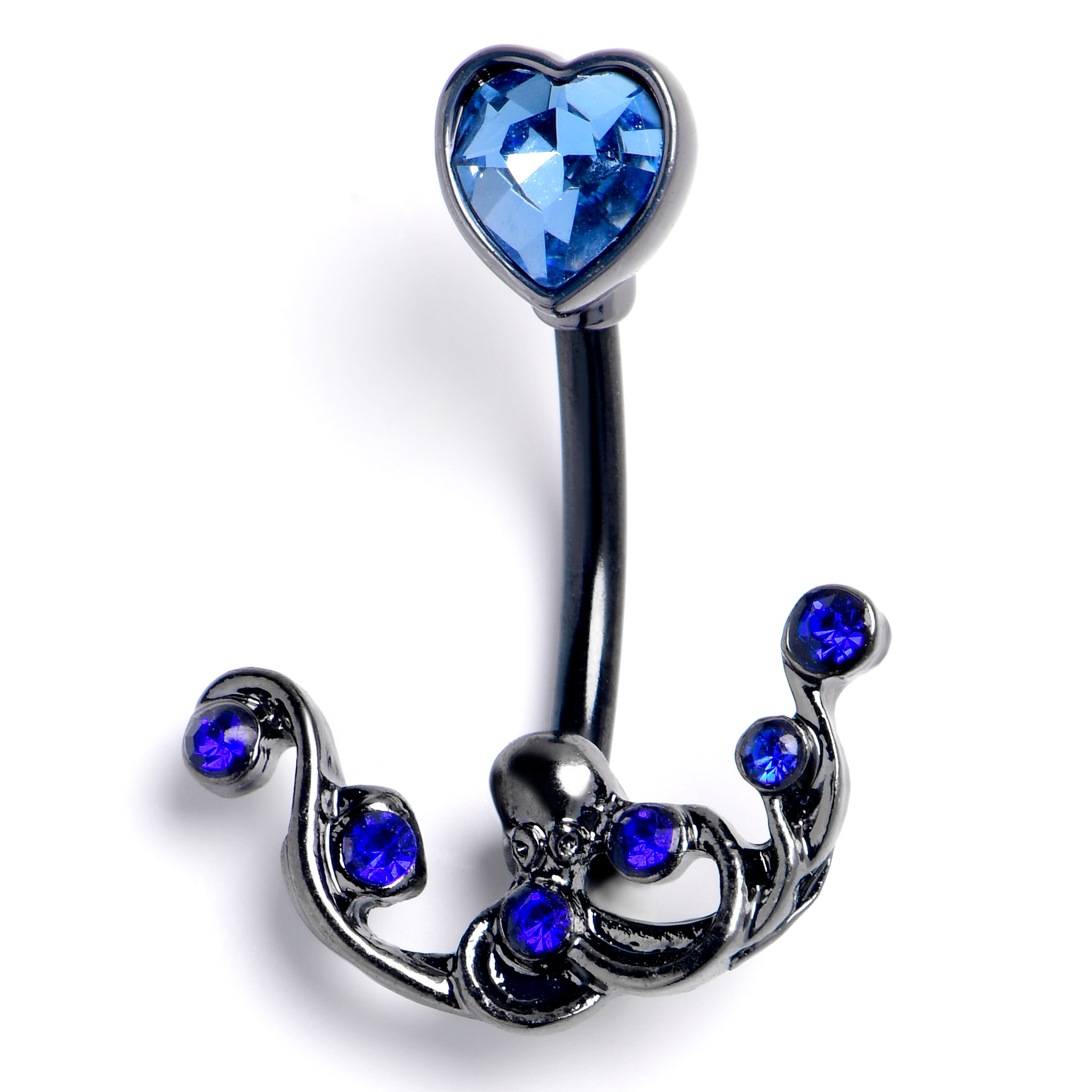 Blue Gem Black Heart Scrolling Elegance Double Mount Belly Ring