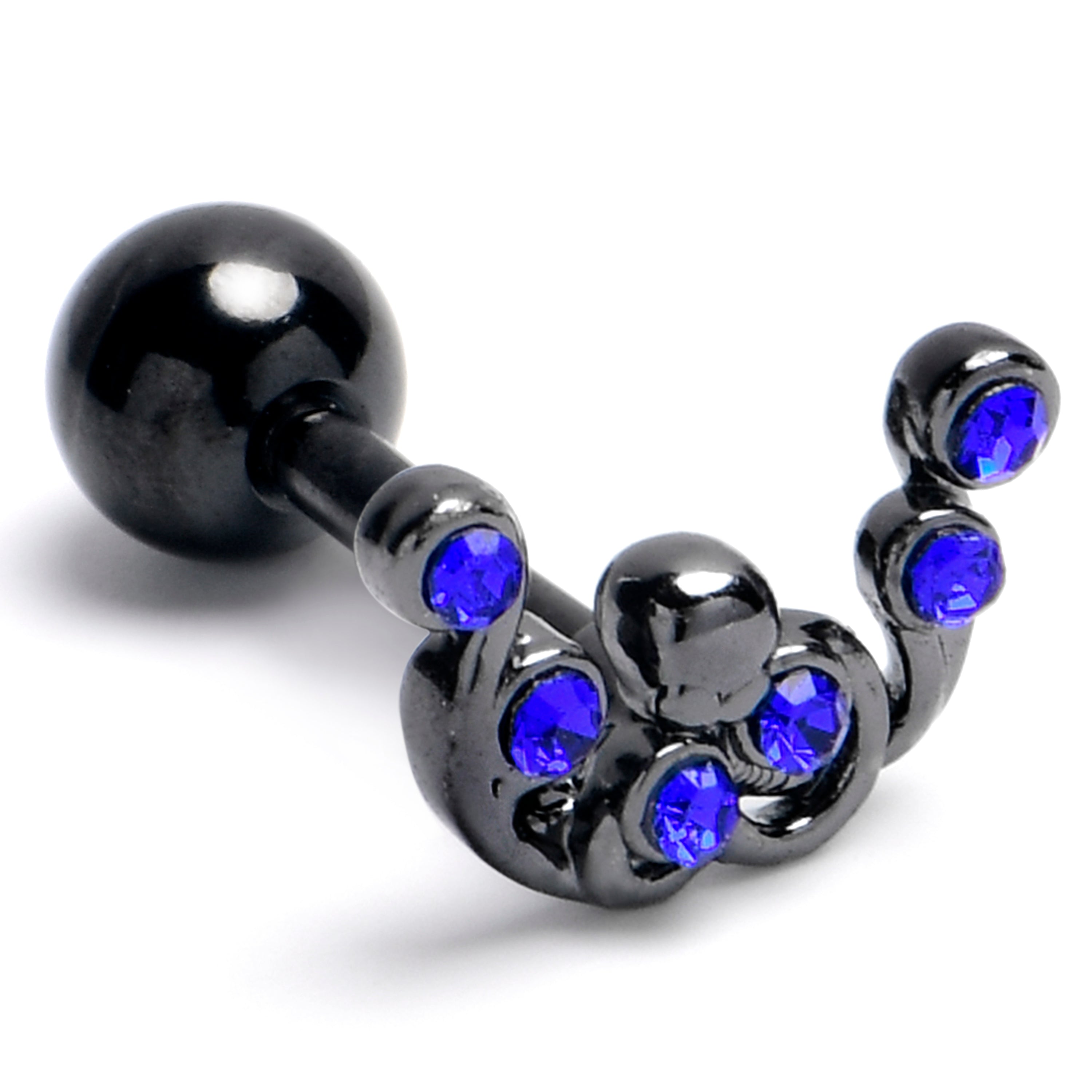 16 Gauge 1/4 Blue Gem Black Scrolling Elegance Cartilage Tragus Earring