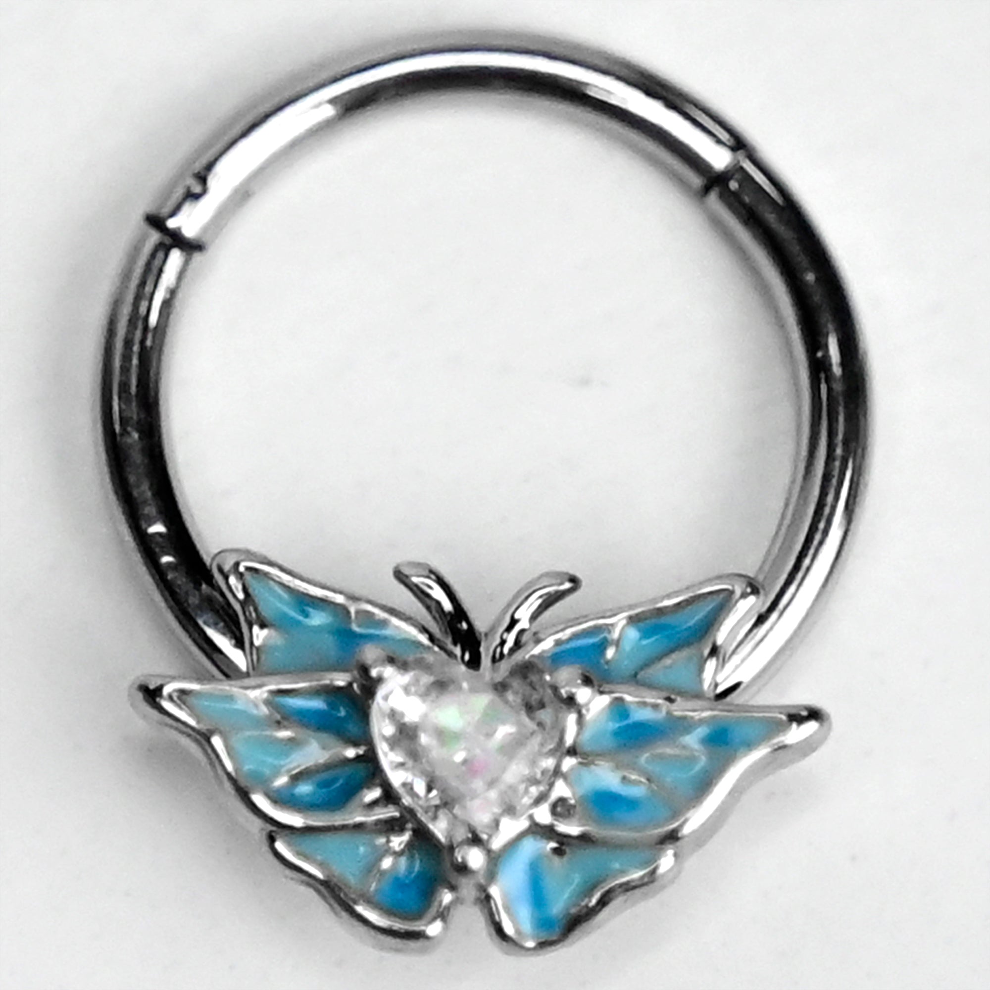 16 Gauge 3/8 Clear Gem Butterflies Blue Hinged Segment Ring