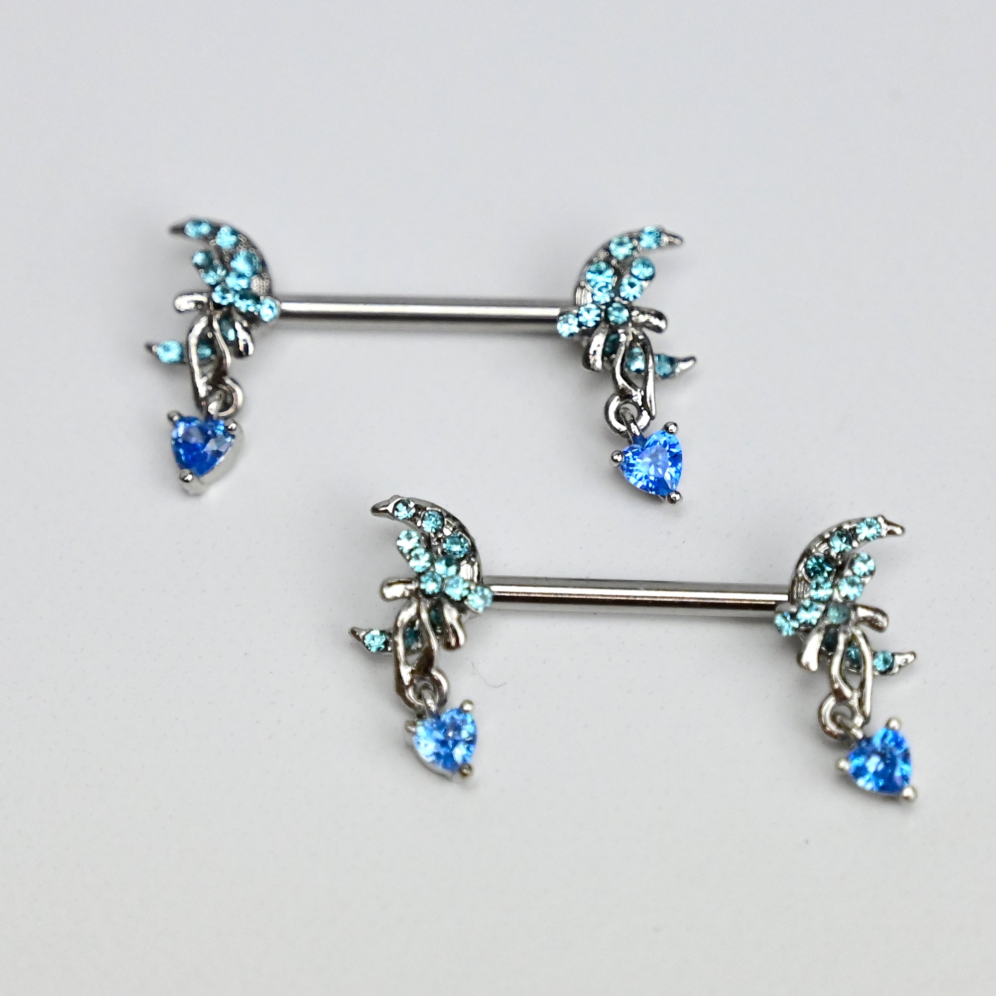 14 Gauge 9/16 Blue Gem Moon Bow Heart Dangle Nipple Ring Set