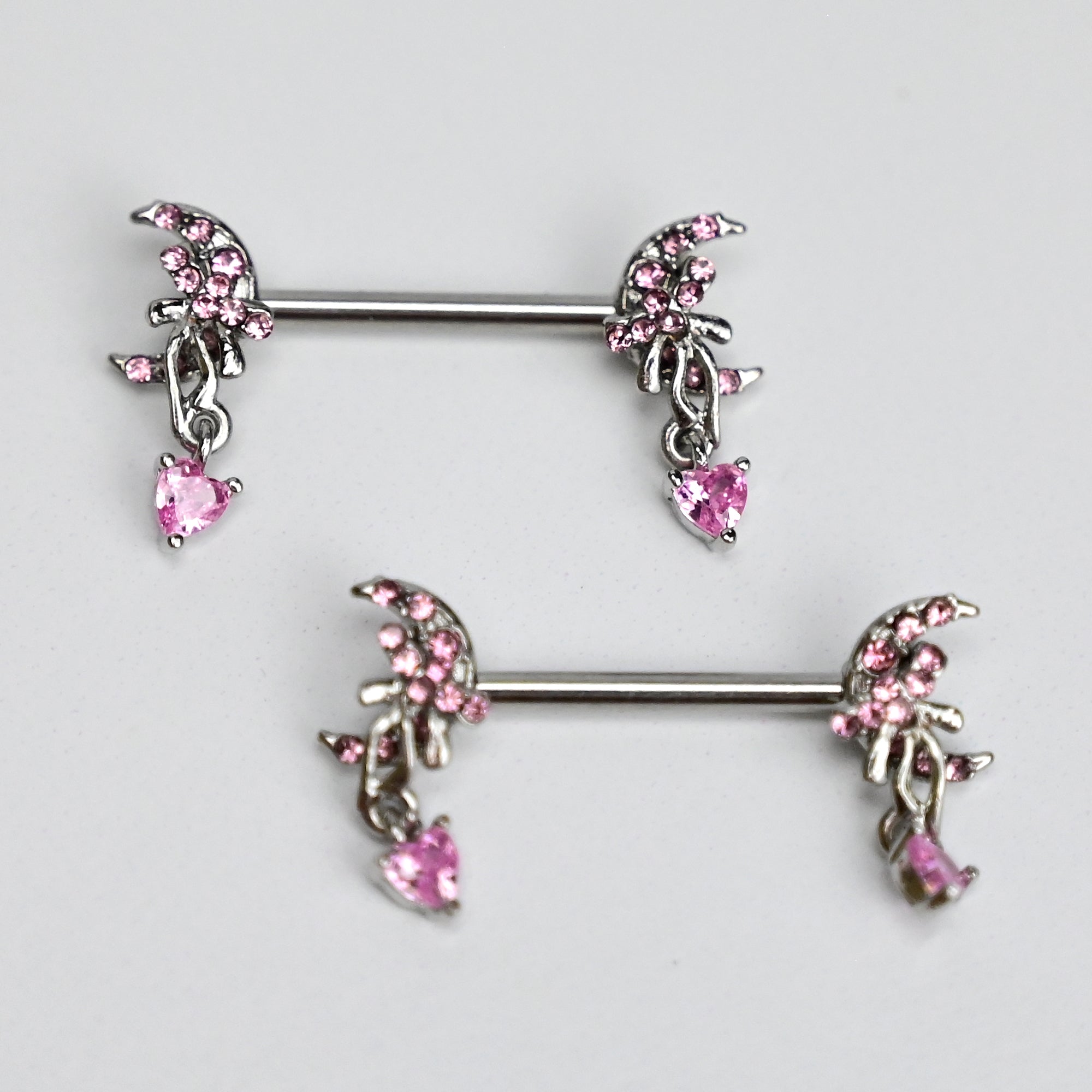 14 Gauge 9/16 Pink Gem Moon Bow Heart Dangle Nipple Ring Set