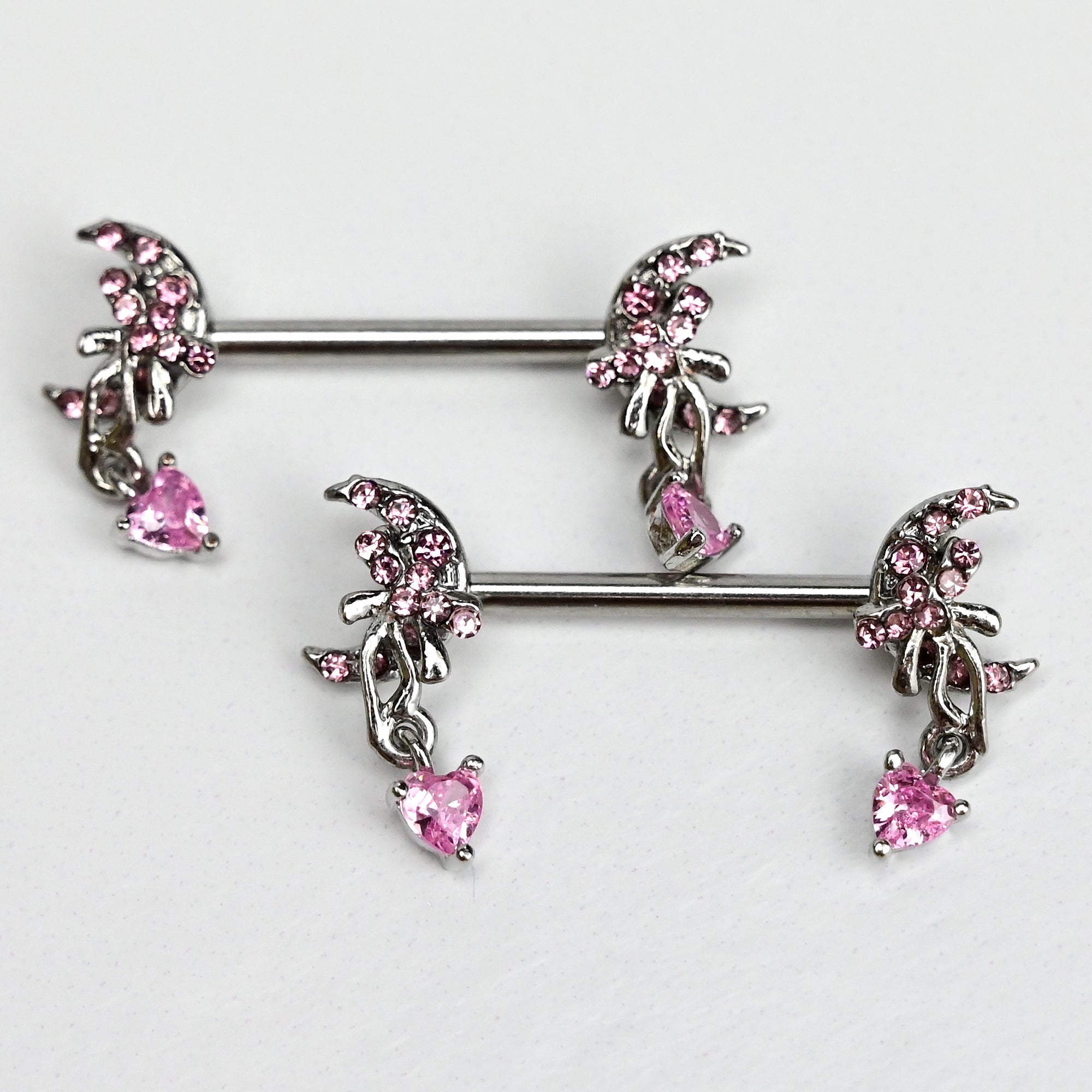 14 Gauge 9/16 Pink Gem Moon Bow Heart Dangle Nipple Ring Set